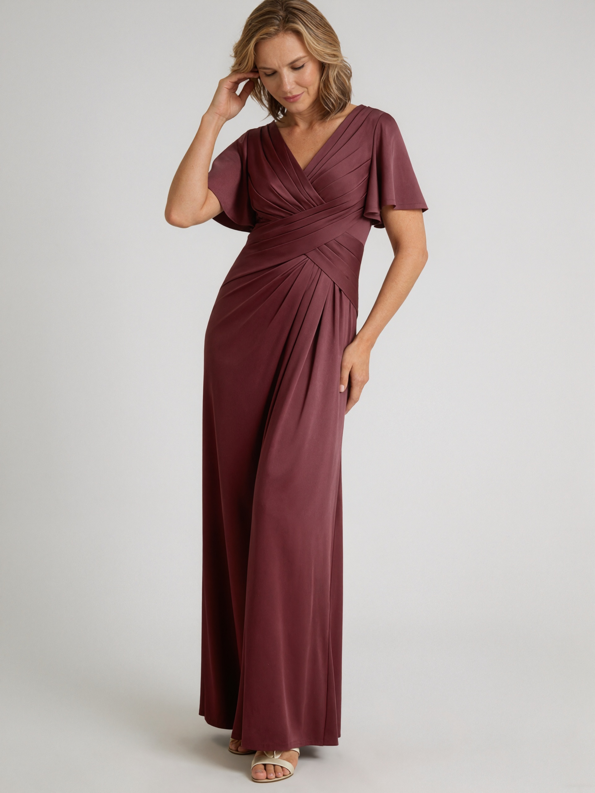 A-Line V-Neck Satin Floor-Length Flutter Sleeve Mother of the Bride Dress