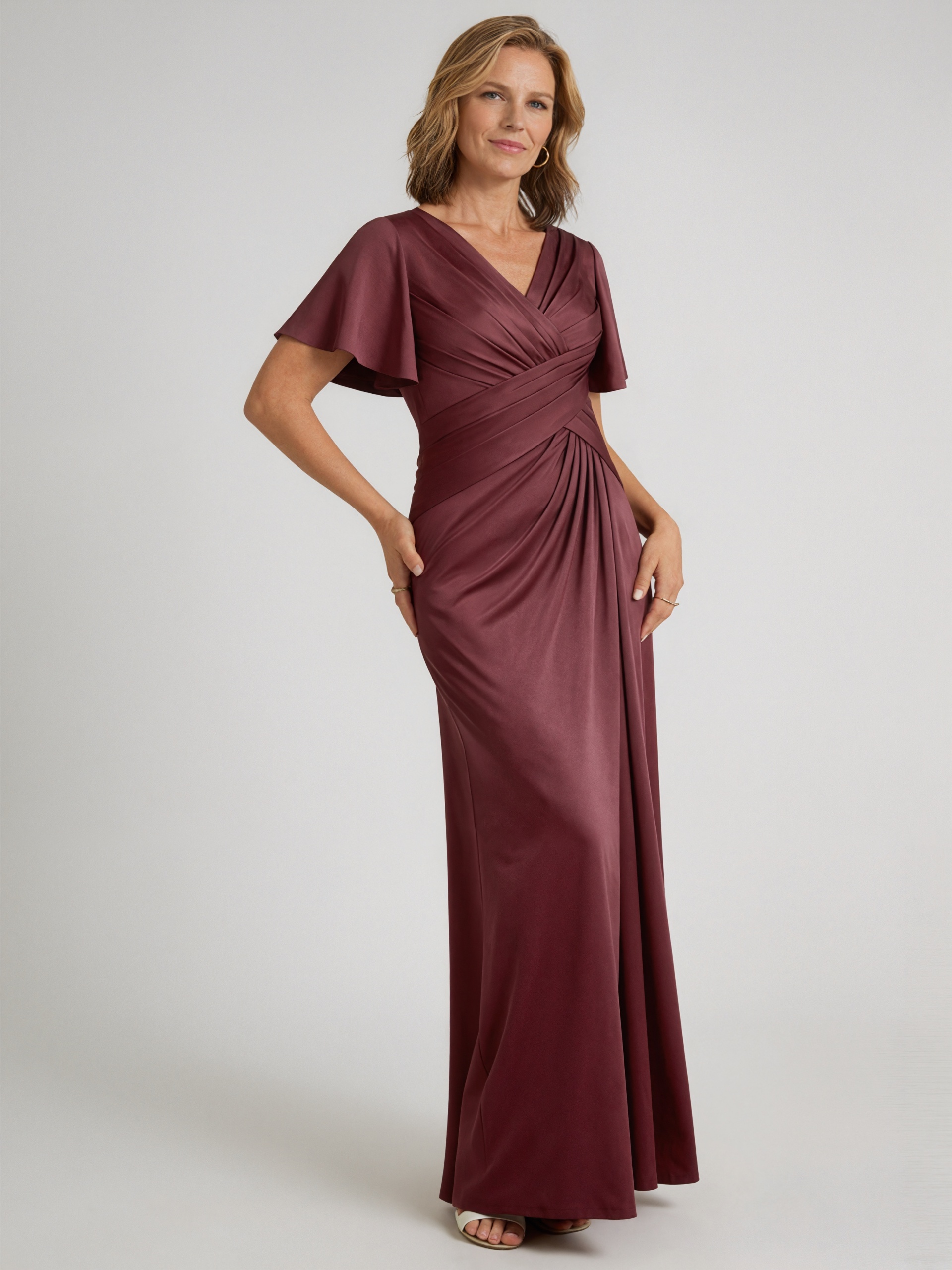 A-Line V-Neck Satin Floor-Length Flutter Sleeve Mother of the Bride Dress