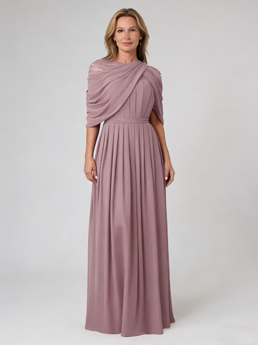 A-Line One-Shoulder Chiffon Floor-Length Beaded Mother of the Bride Dress
