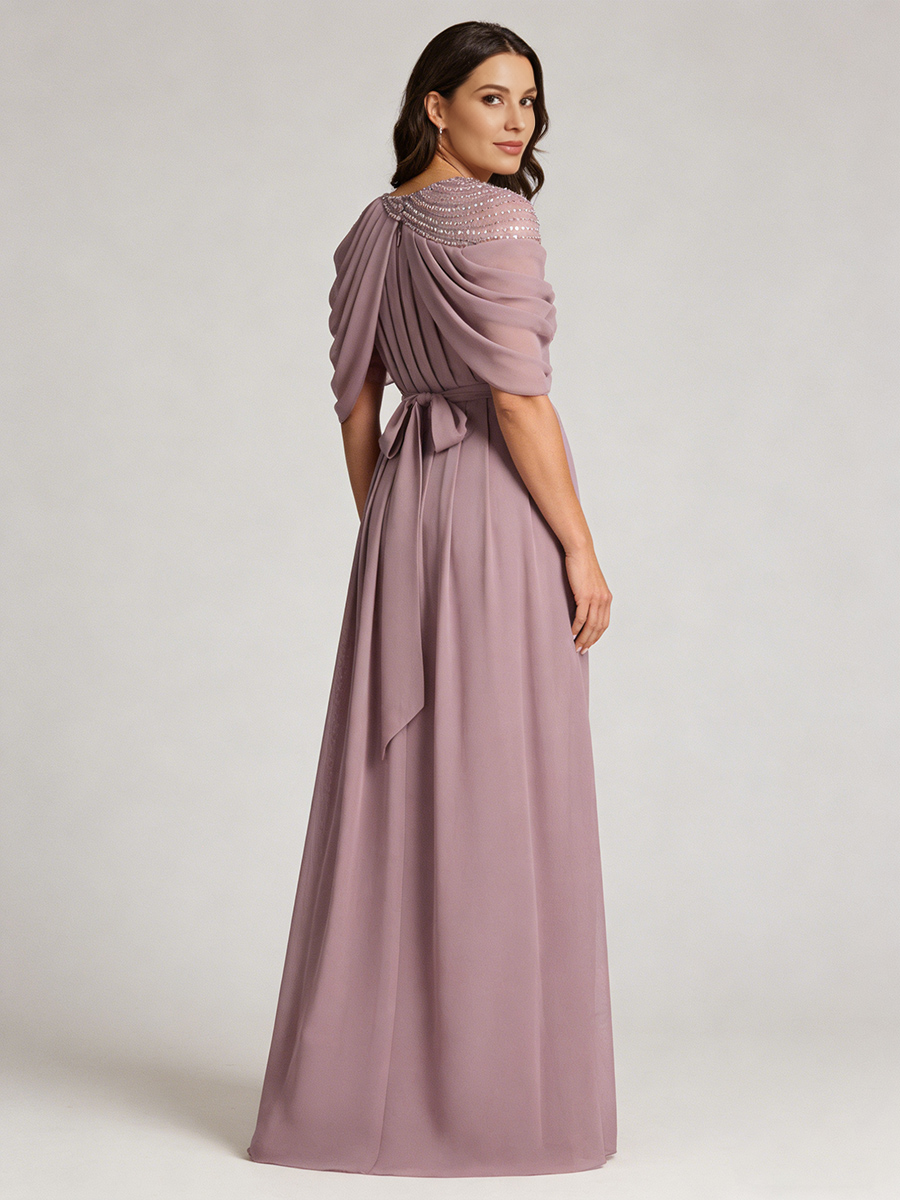 A-Line One-Shoulder Chiffon Floor-Length Beaded Mother of the Bride Dress