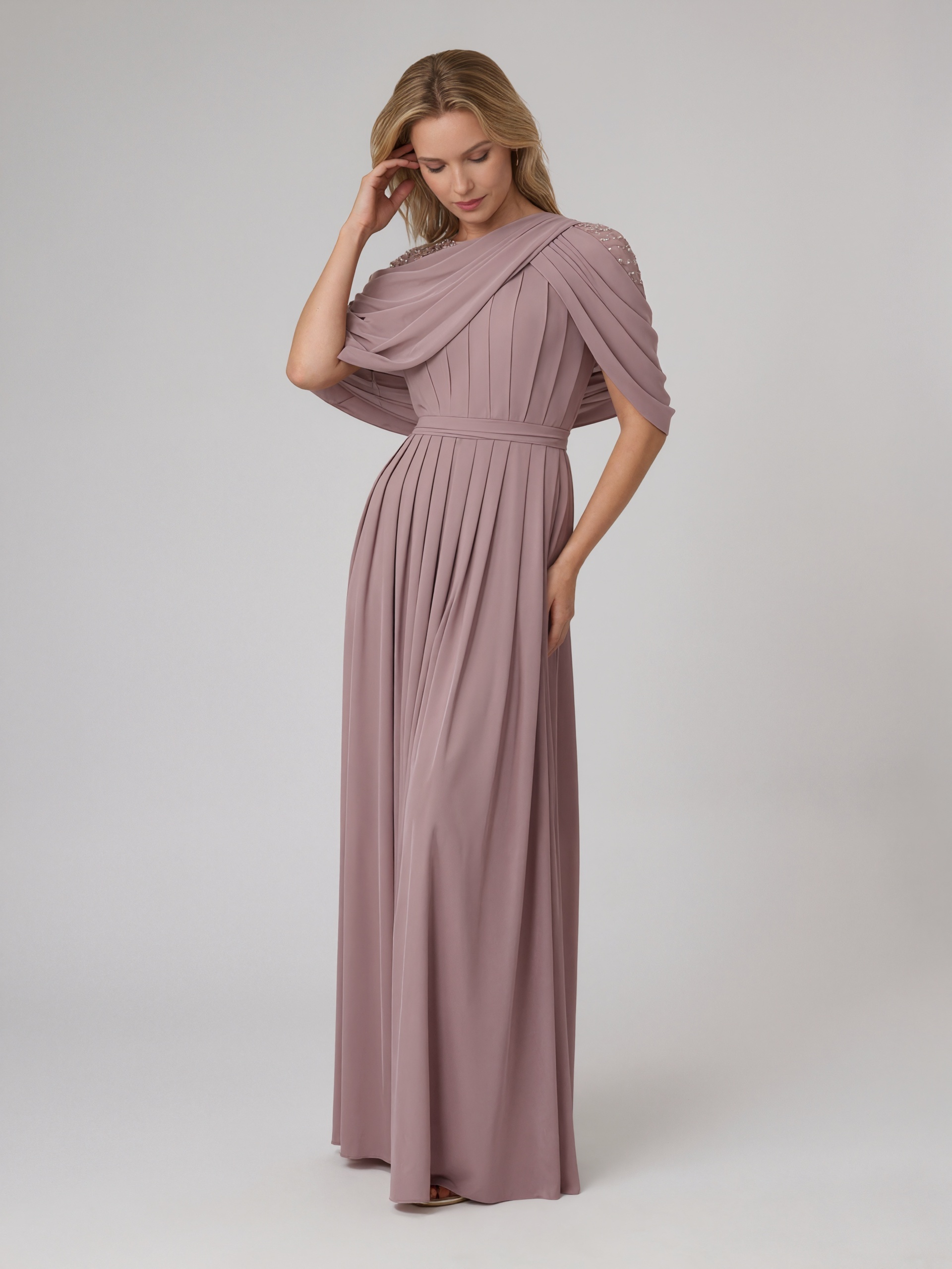 A-Line One-Shoulder Chiffon Floor-Length Beaded Mother of the Bride Dress