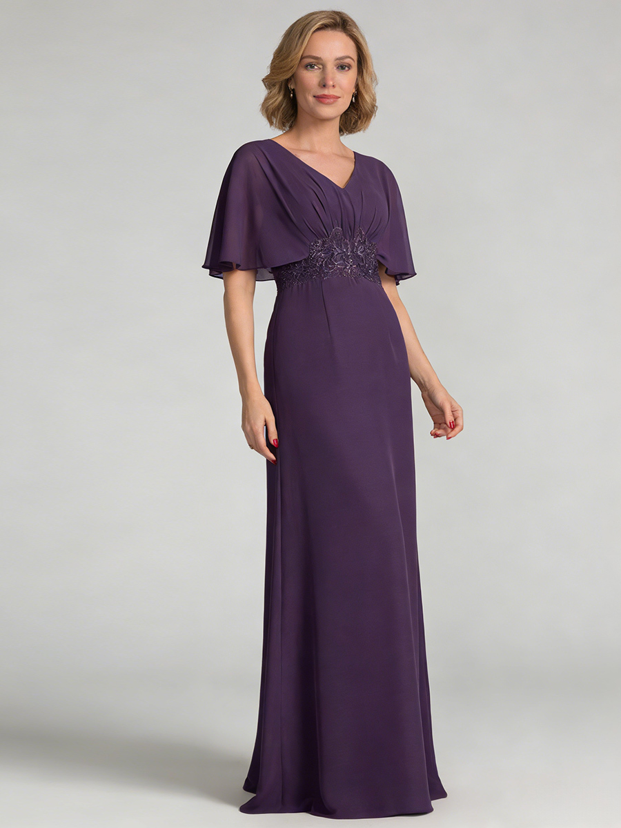 Sheath V-Neck Chiffon Floor-Length Lace Accent Mother of the Bride Dress