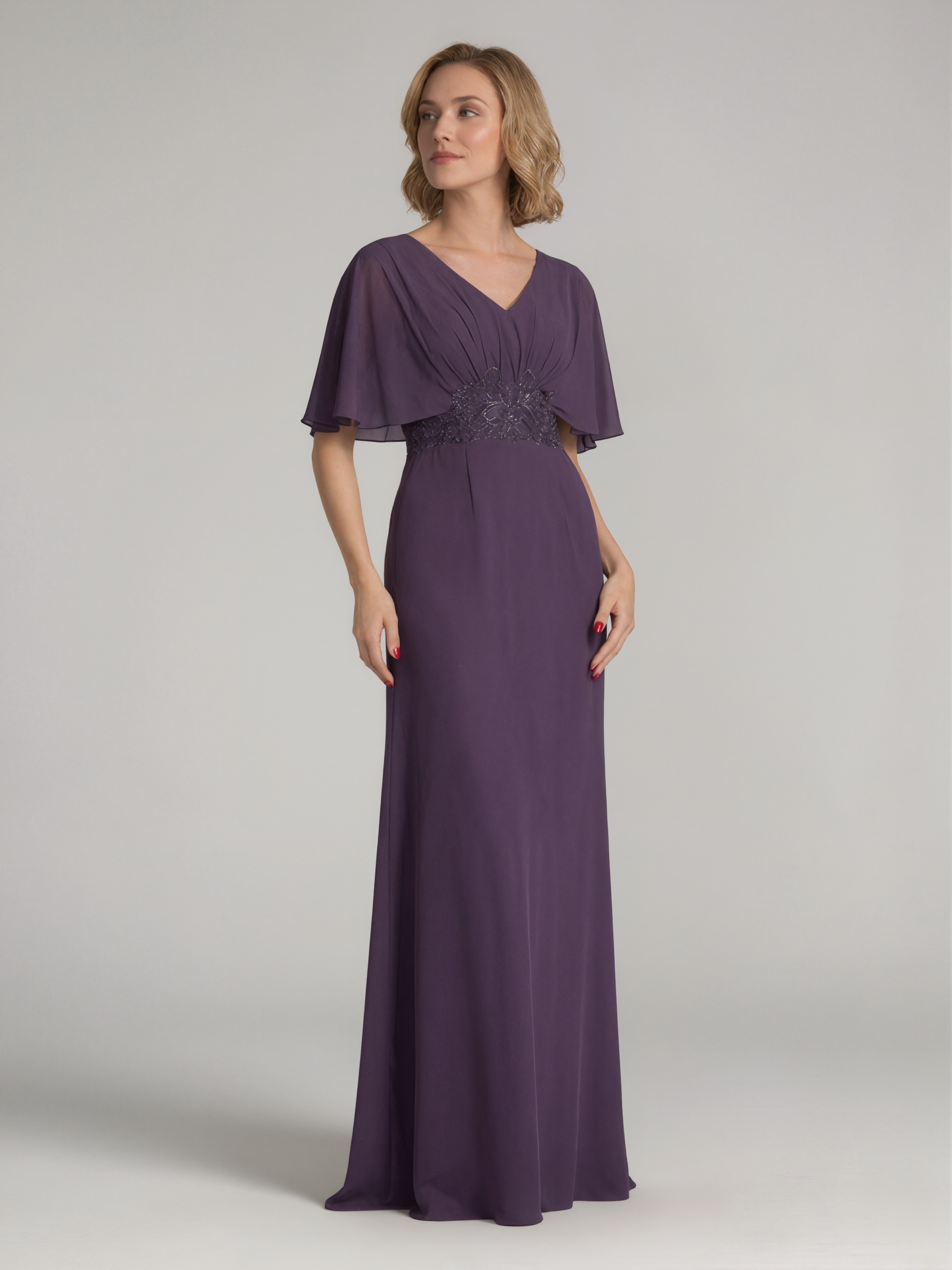 Sheath V-Neck Chiffon Floor-Length Lace Accent Mother of the Bride Dress
