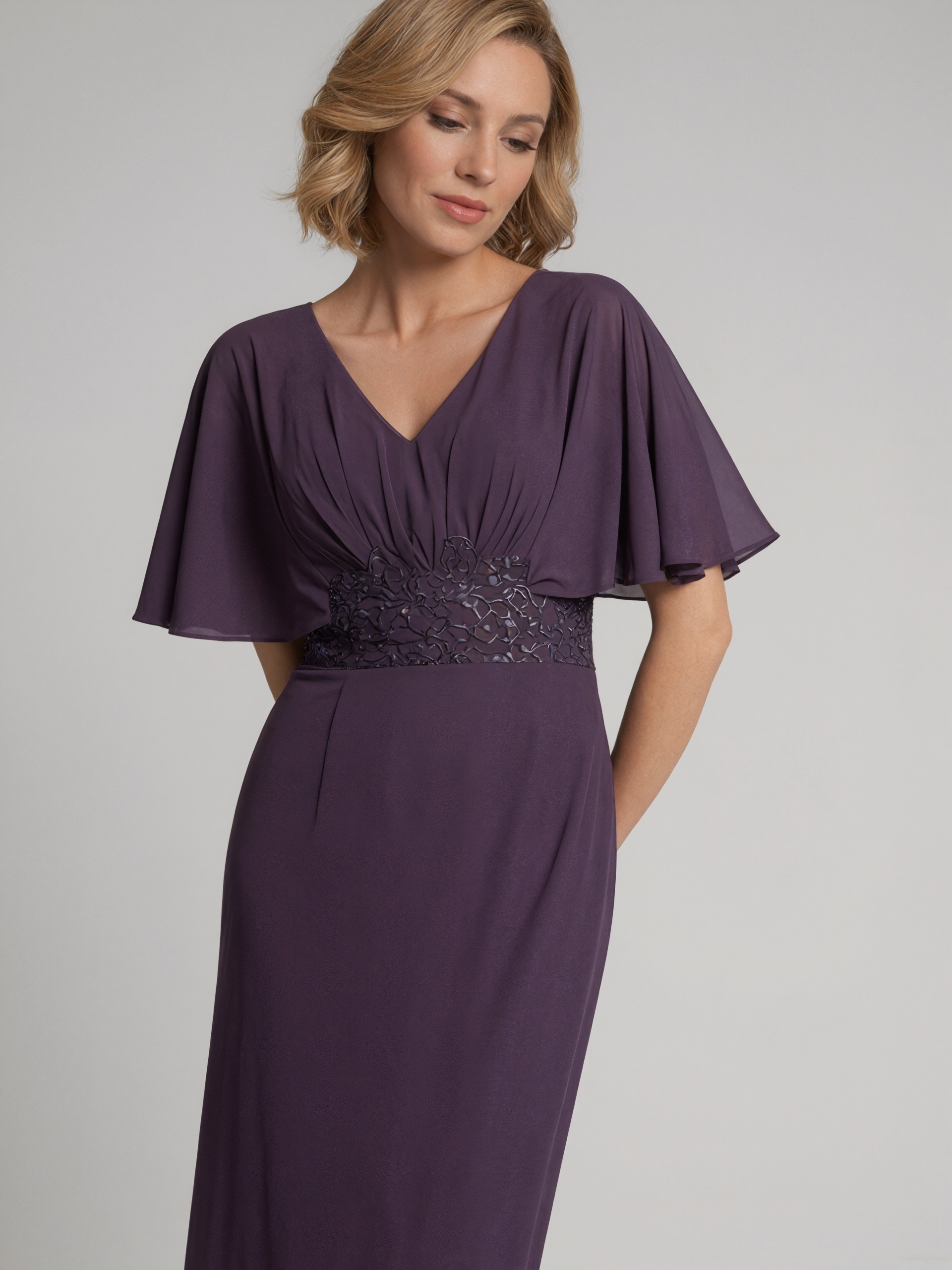 Sheath V-Neck Chiffon Floor-Length Lace Accent Mother of the Bride Dress