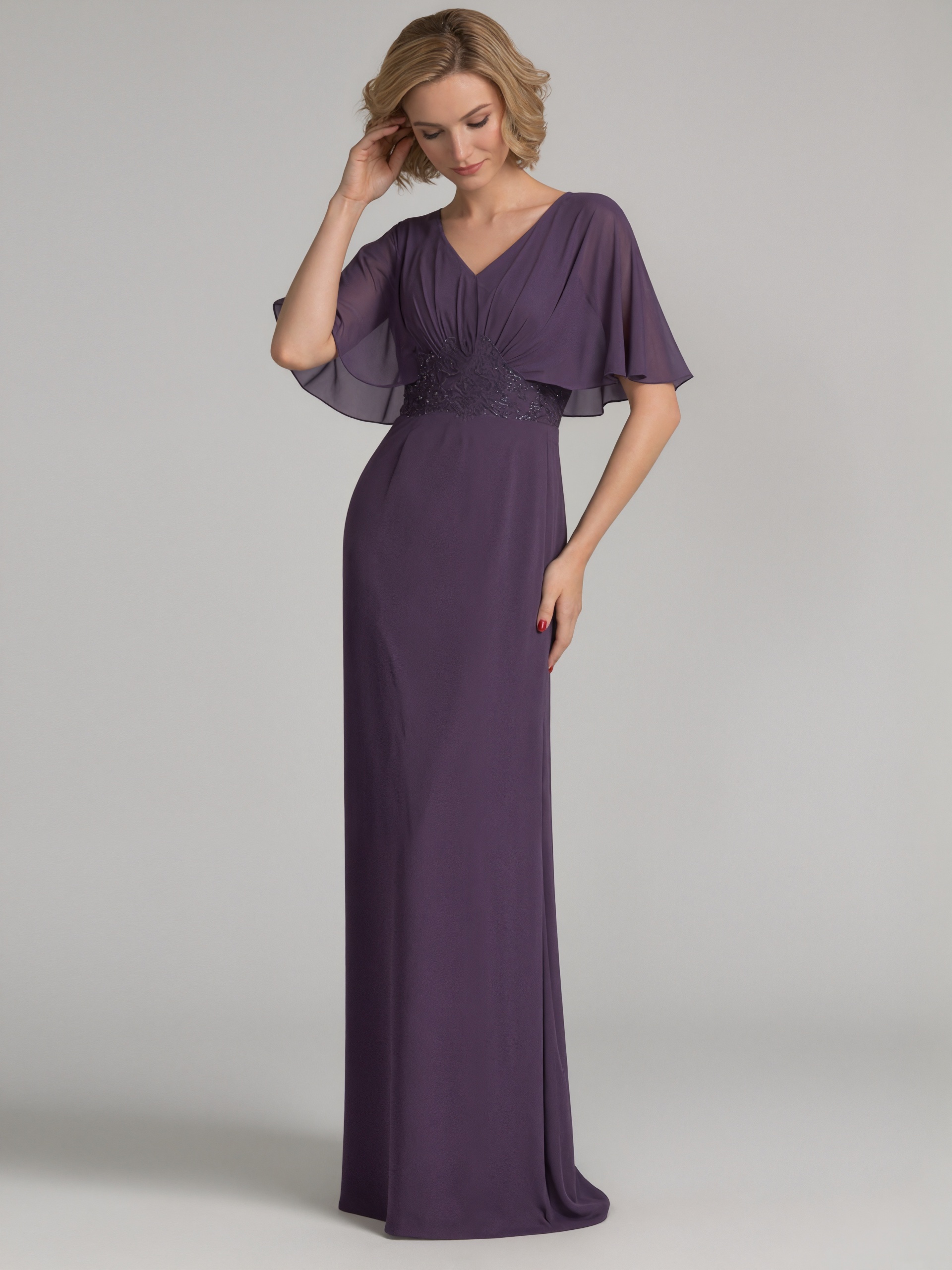 Sheath V-Neck Chiffon Floor-Length Lace Accent Mother of the Bride Dress