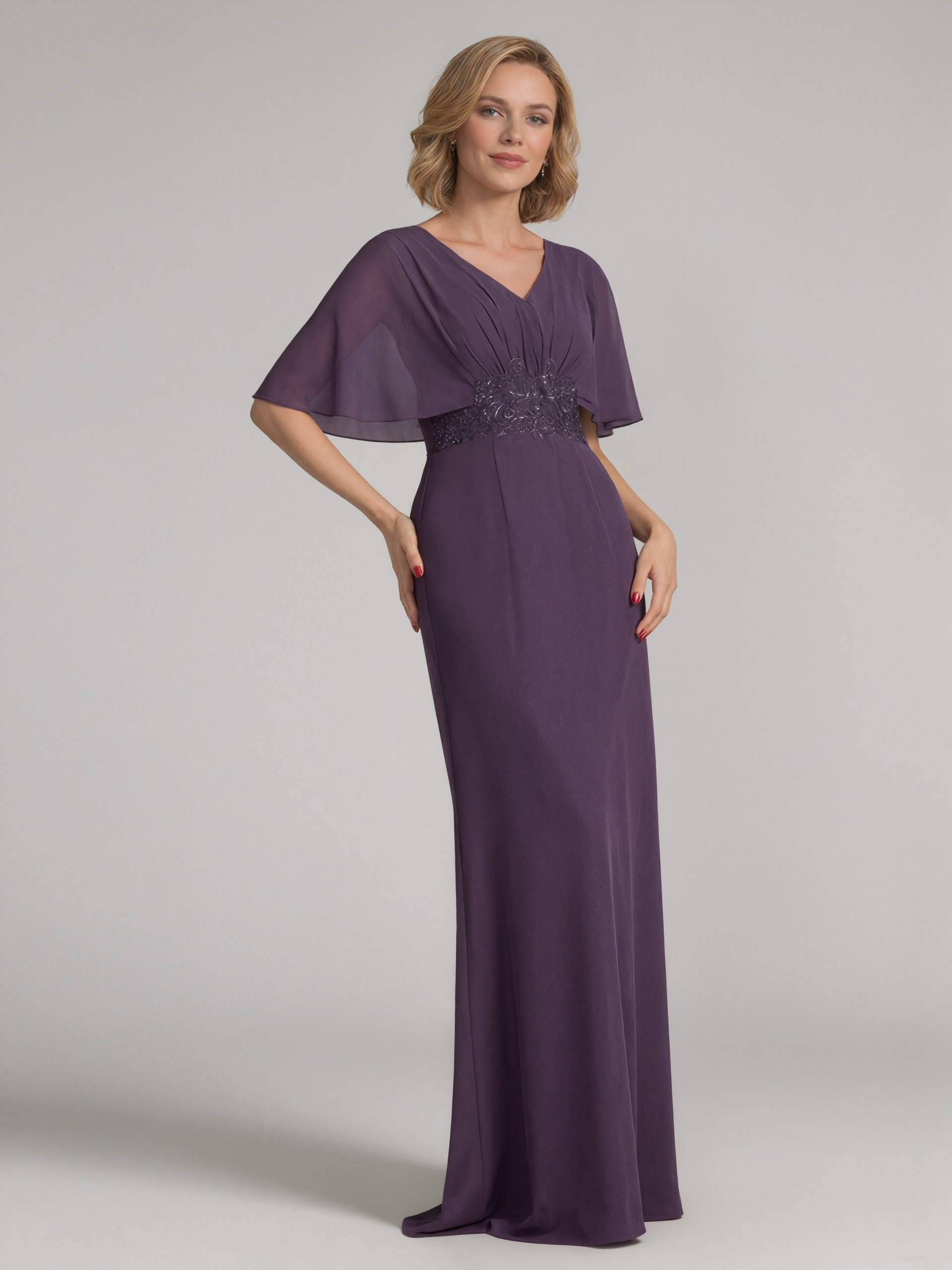 Sheath V-Neck Chiffon Floor-Length Lace Accent Mother of the Bride Dress