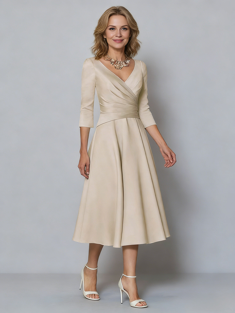 A-Line V-Neck Satin Midi-Length Wrap Mother of the Bride Dress