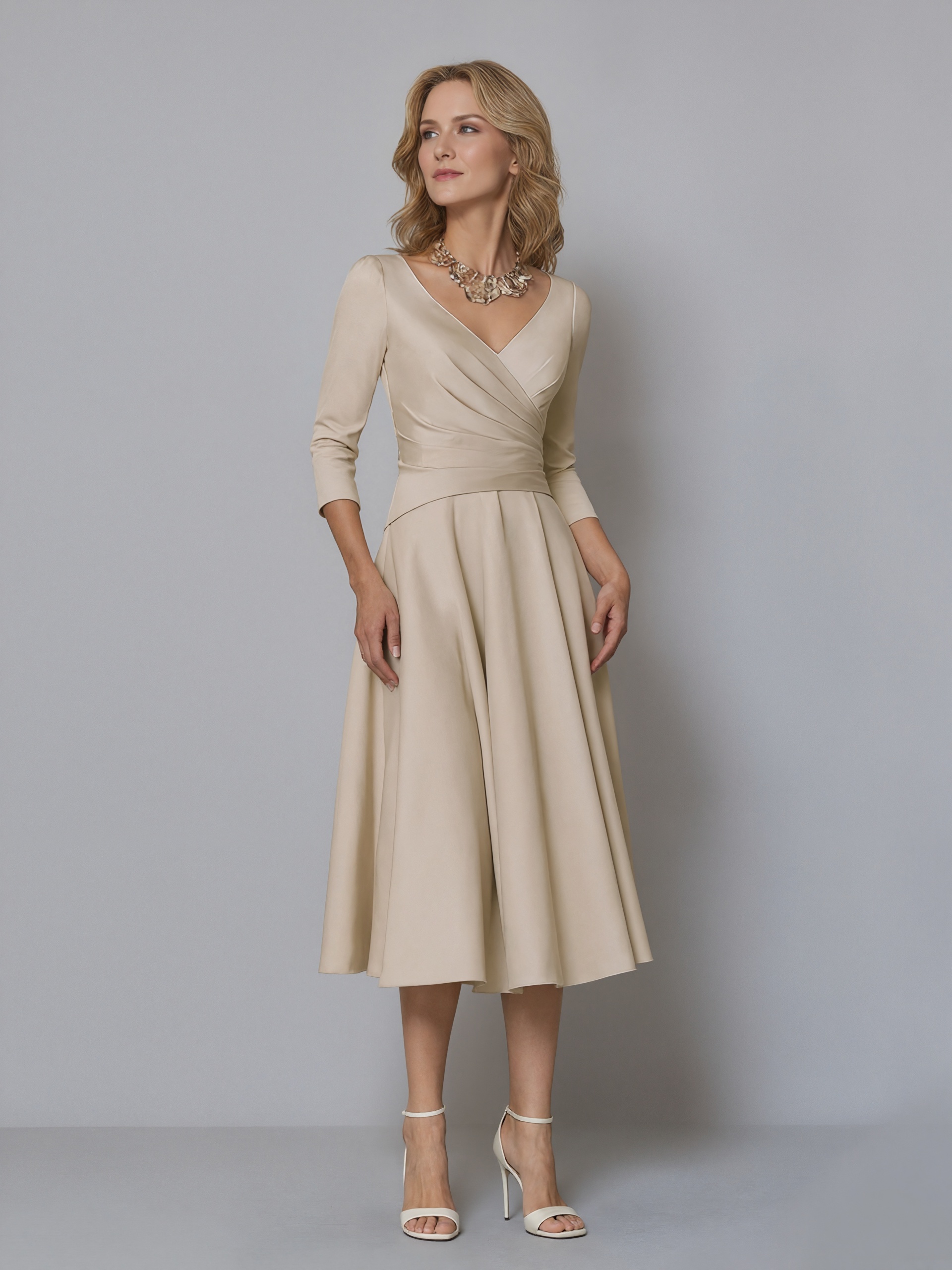 A-Line V-Neck Satin Midi-Length Wrap Mother of the Bride Dress