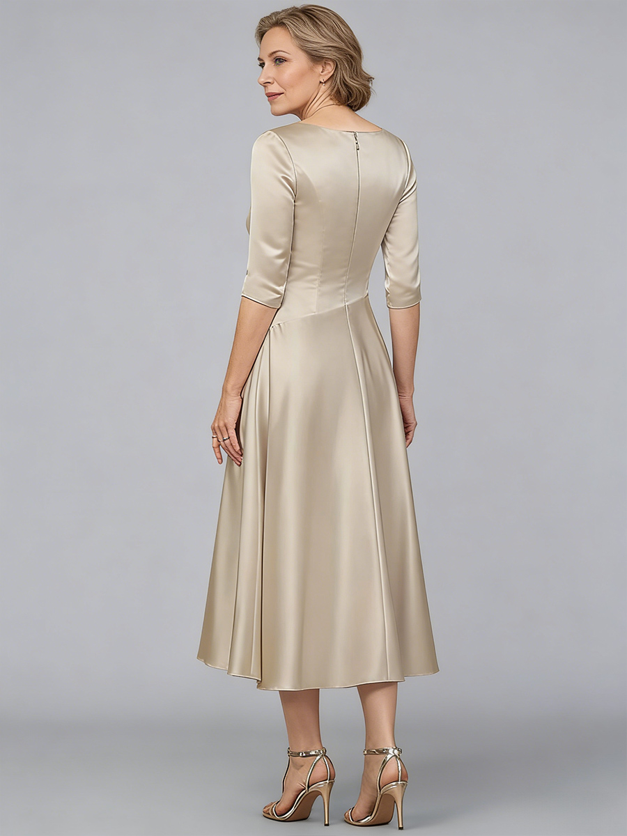 A-Line V-Neck Satin Midi-Length Wrap Mother of the Bride Dress