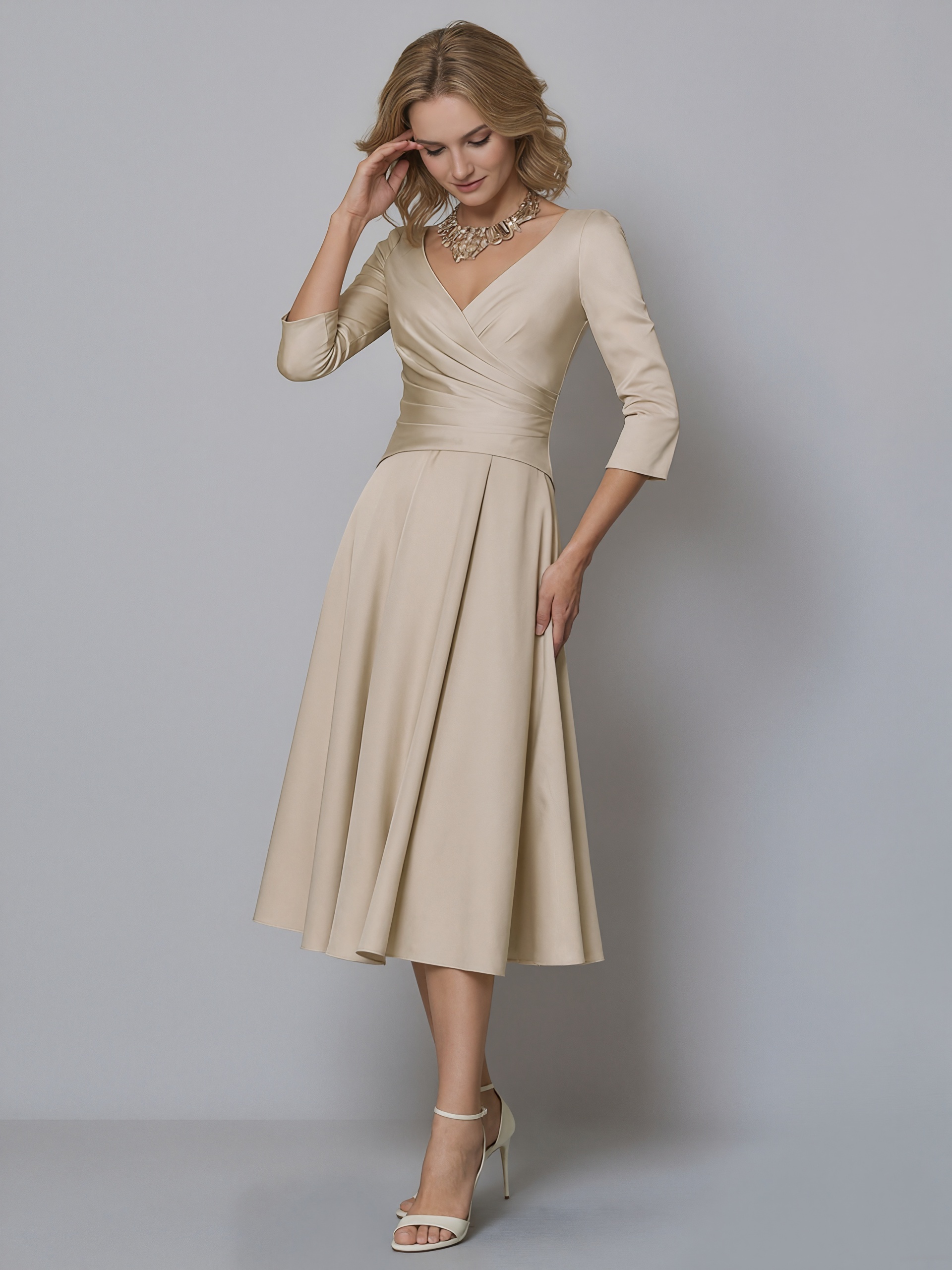 A-Line V-Neck Satin Midi-Length Wrap Mother of the Bride Dress