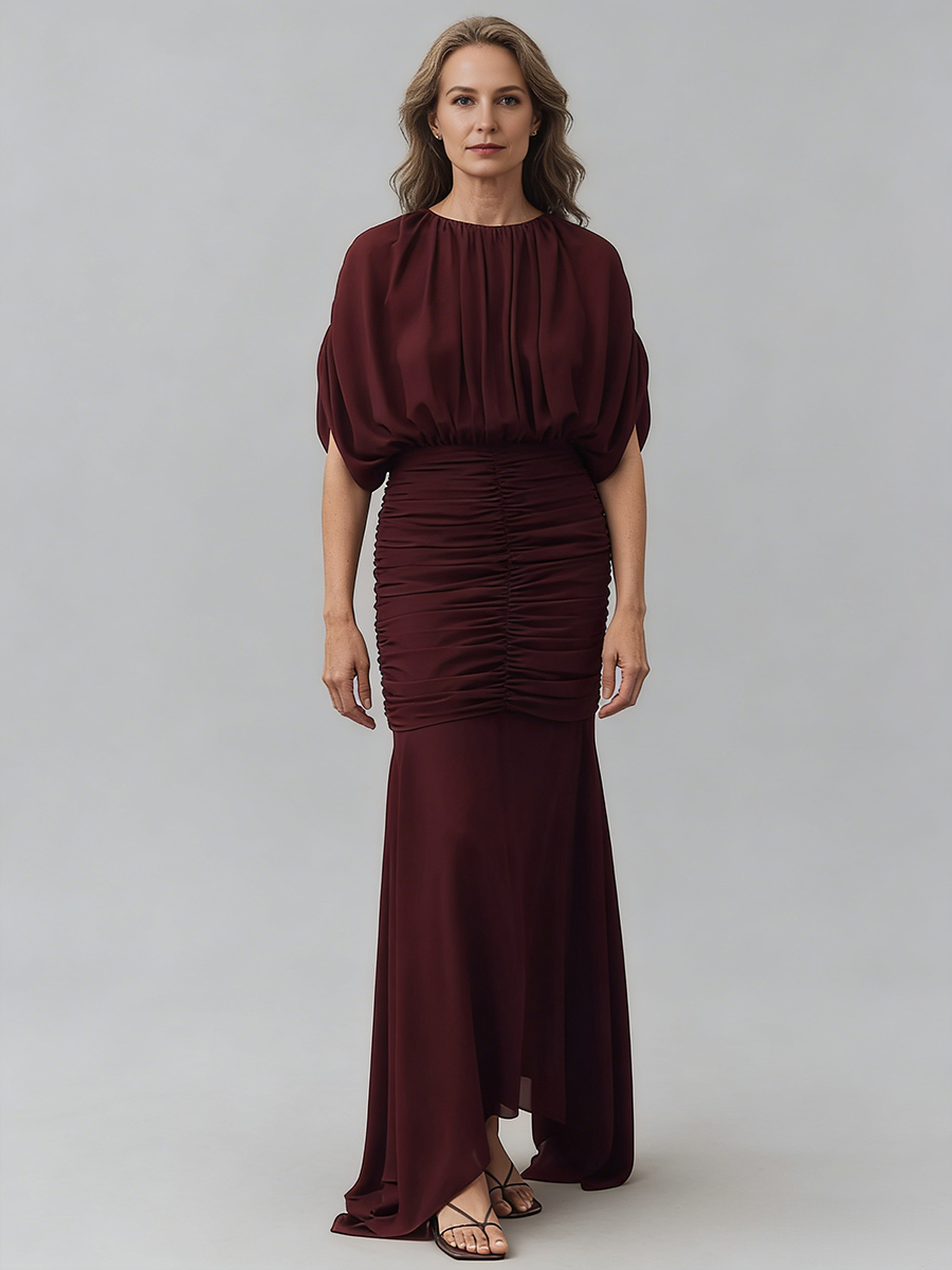 Mermaid Crew Neck Chiffon Floor-Length Ruched Cape Sleeve Formal Evening Gown