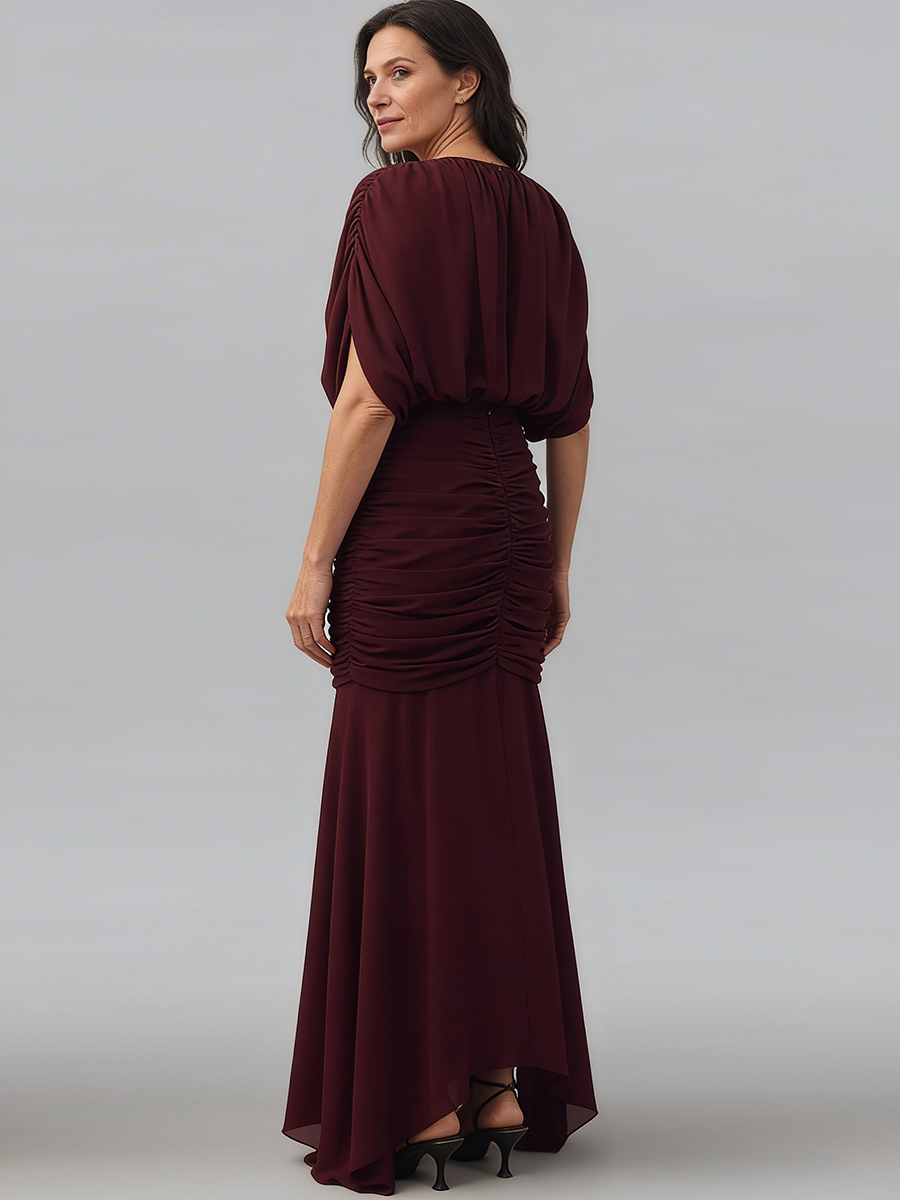 Mermaid Crew Neck Chiffon Floor-Length Ruched Cape Sleeve Formal Evening Gown