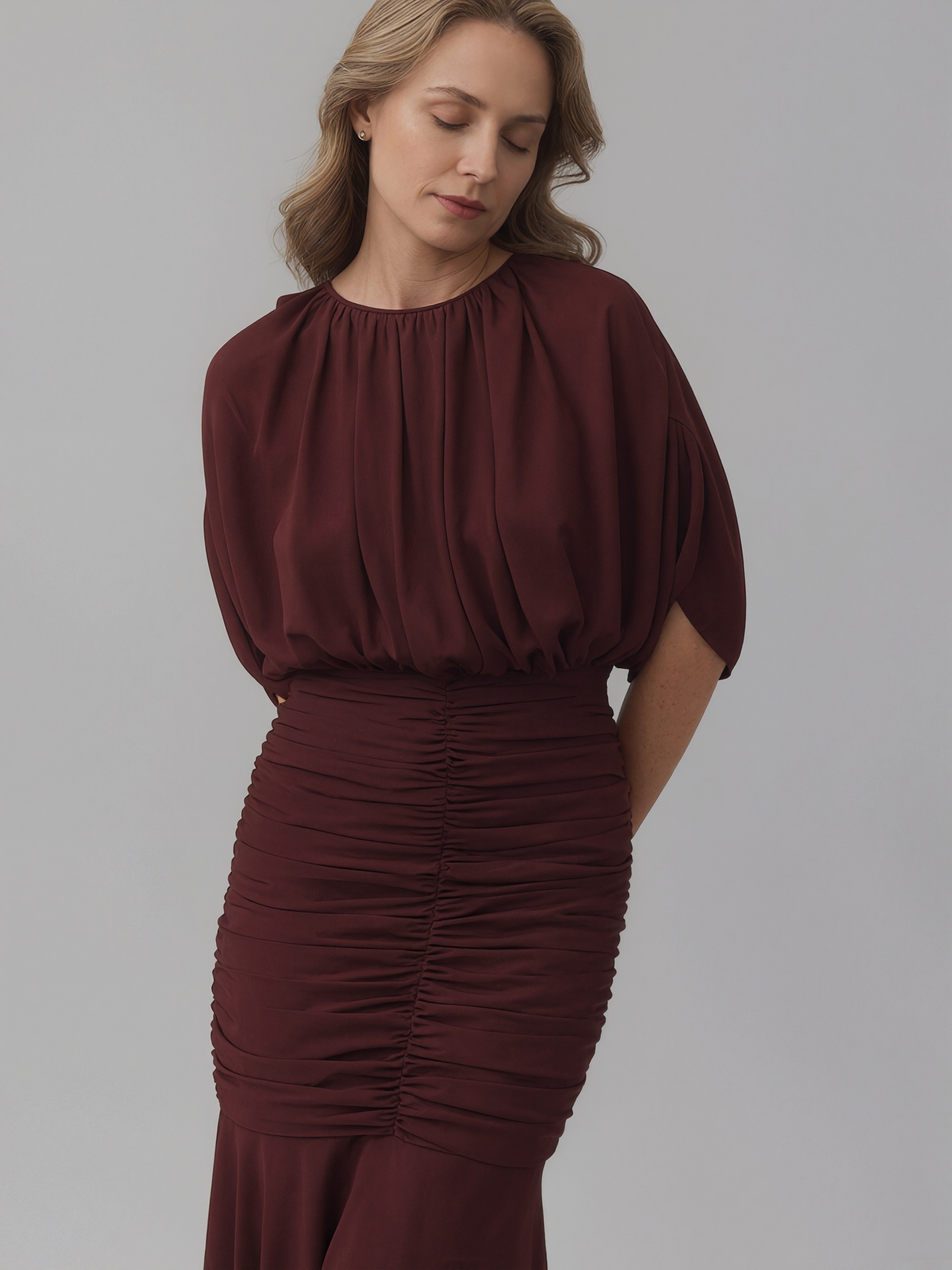 Mermaid Crew Neck Chiffon Floor-Length Ruched Cape Sleeve Formal Evening Gown