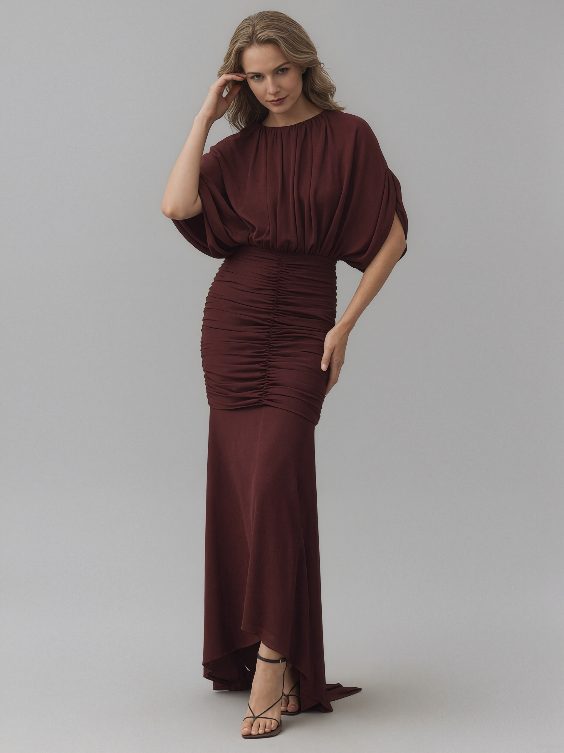 Mermaid Crew Neck Chiffon Floor-Length Ruched Cape Sleeve Formal Evening Gown