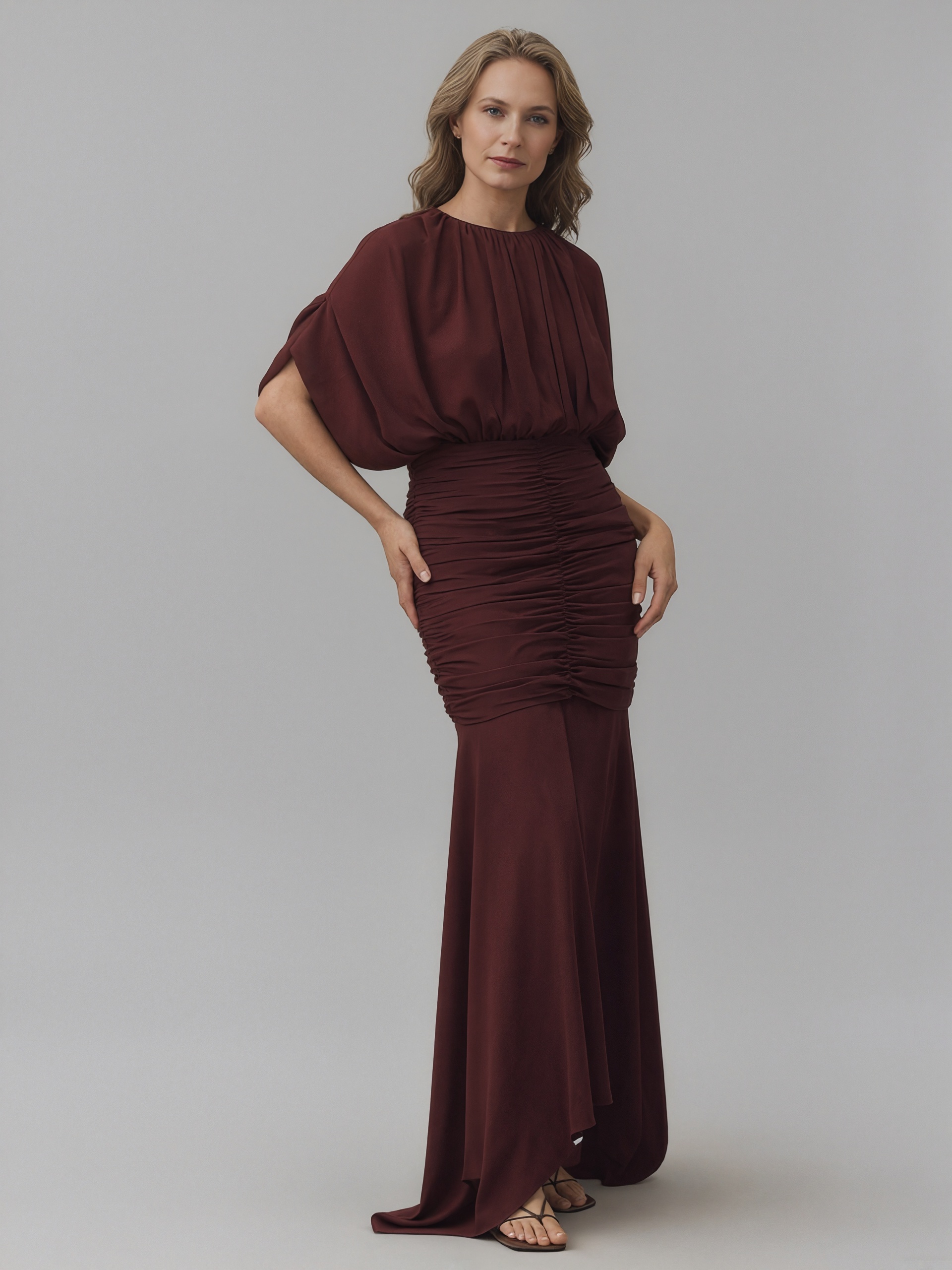Mermaid Crew Neck Chiffon Floor-Length Ruched Cape Sleeve Formal Evening Gown