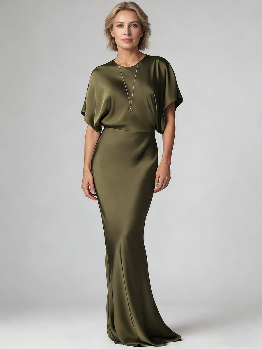 Mermaid Crew Neck Satin Floor-Length Cape Sleeve Formal Evening Gown