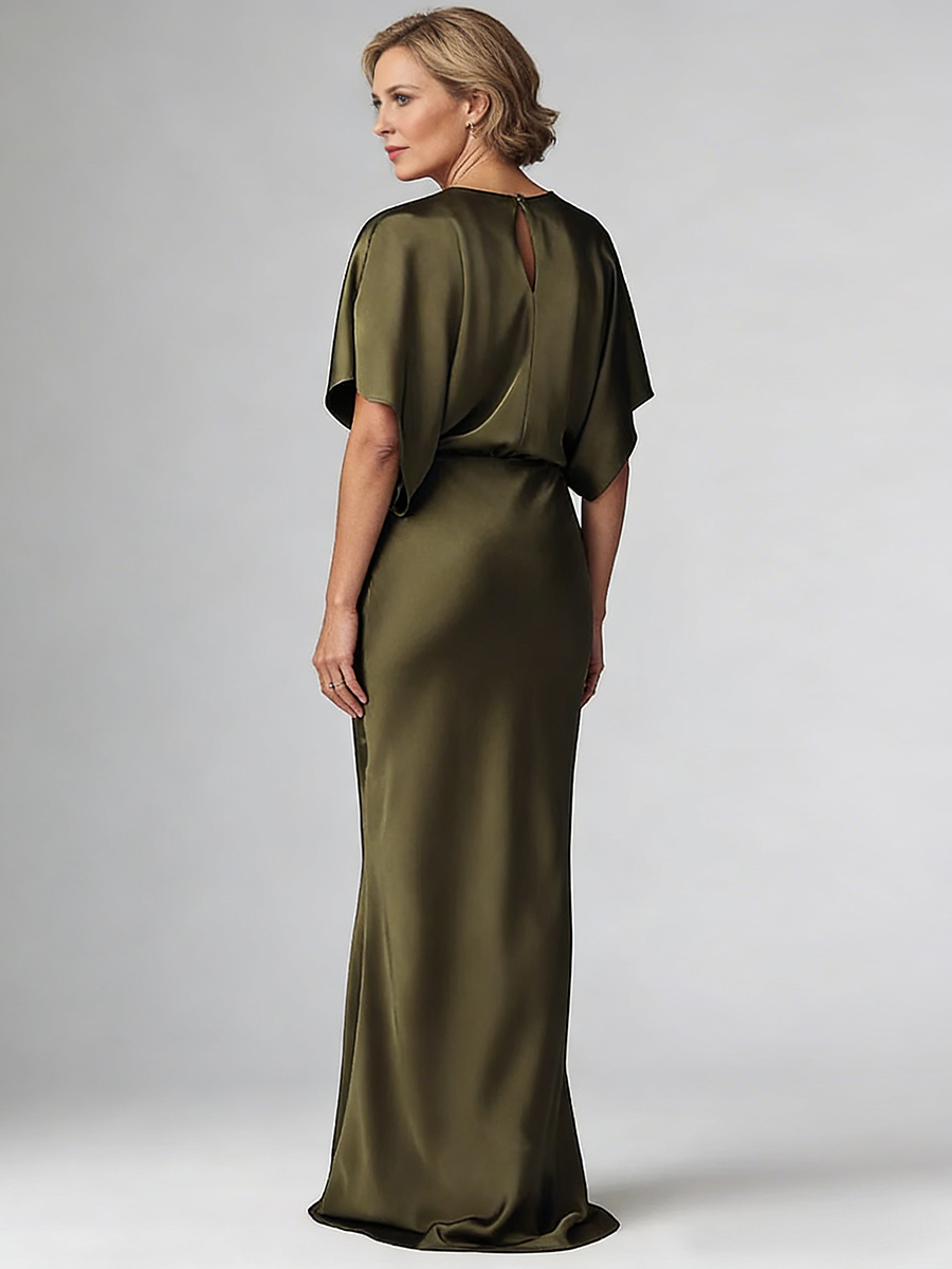 Mermaid Crew Neck Satin Floor-Length Cape Sleeve Formal Evening Gown