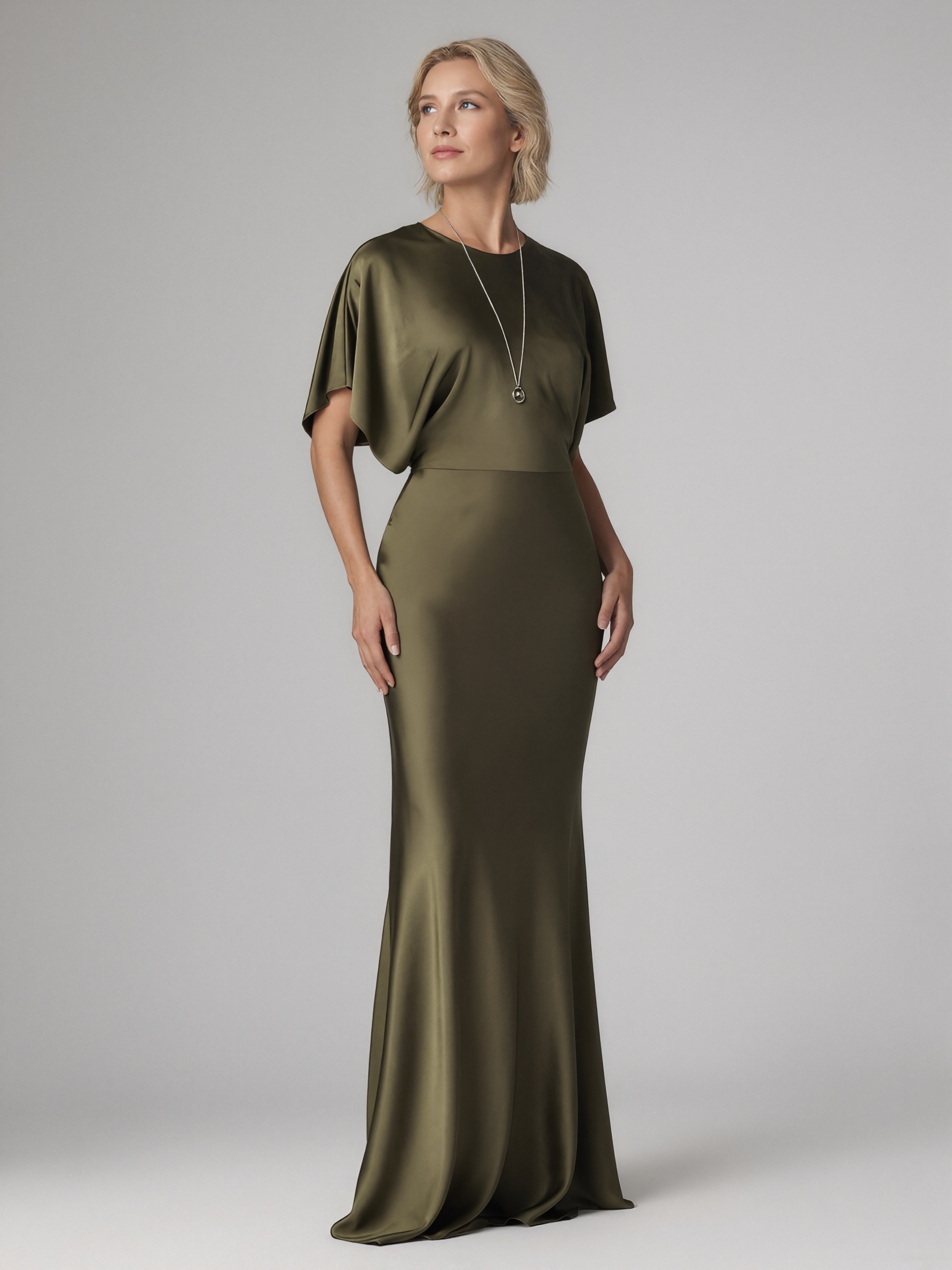 Mermaid Crew Neck Satin Floor-Length Cape Sleeve Formal Evening Gown