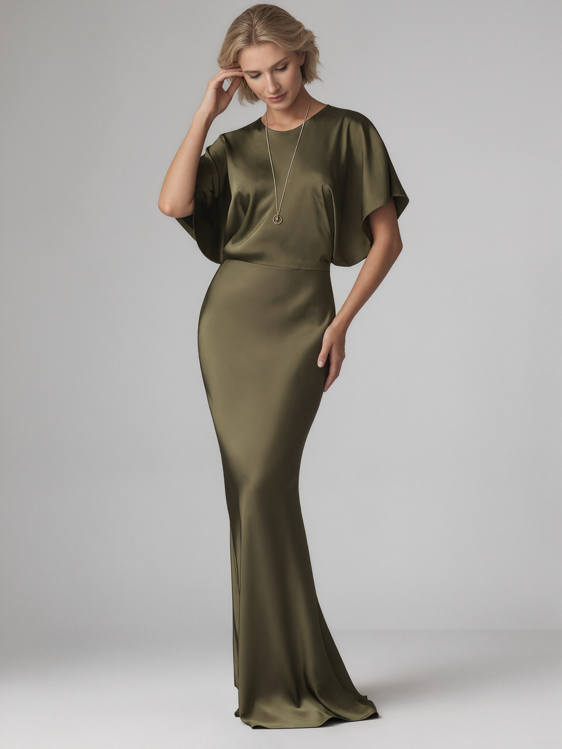Mermaid Crew Neck Satin Floor-Length Cape Sleeve Formal Evening Gown