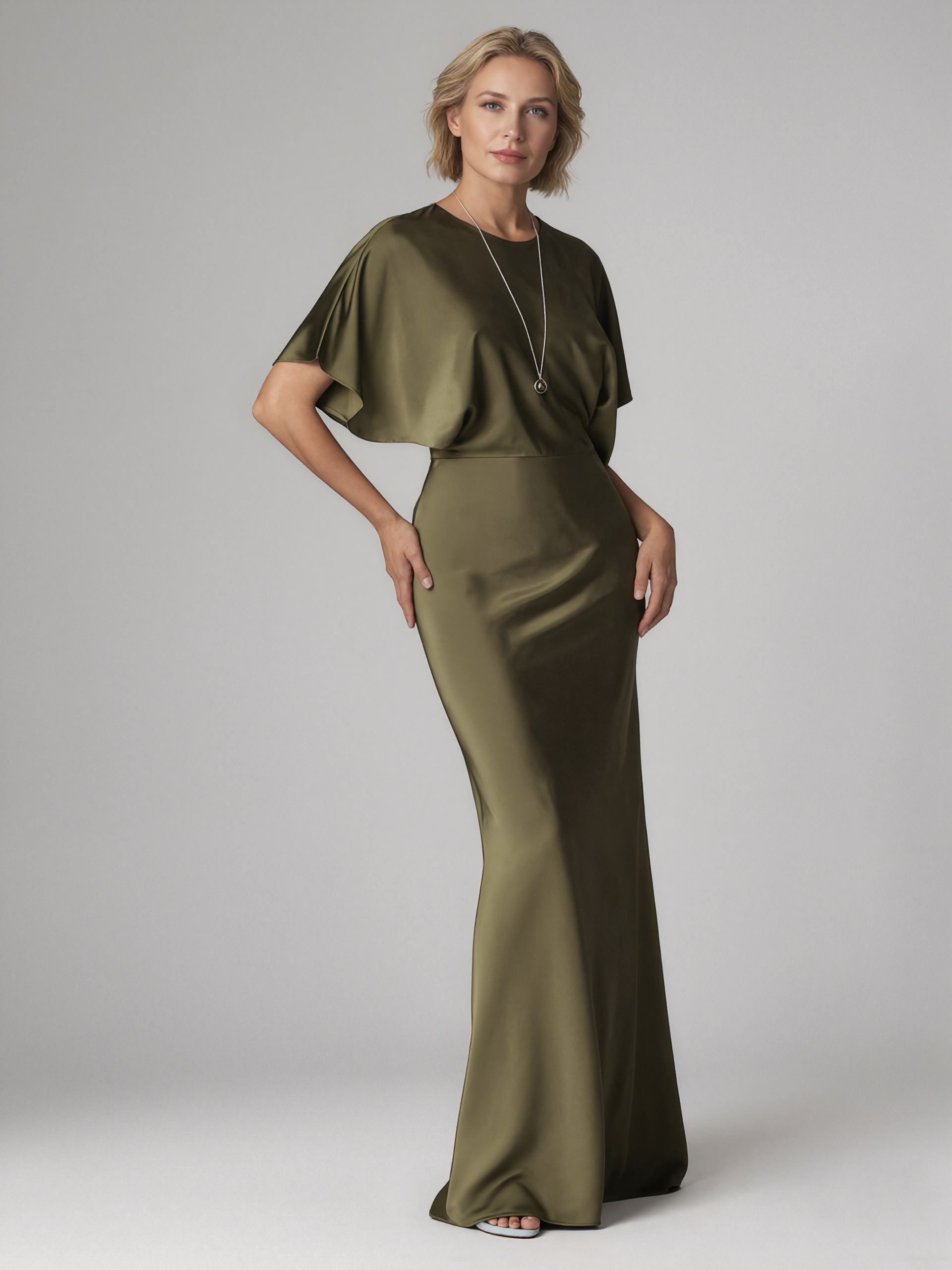 Mermaid Crew Neck Satin Floor-Length Cape Sleeve Formal Evening Gown