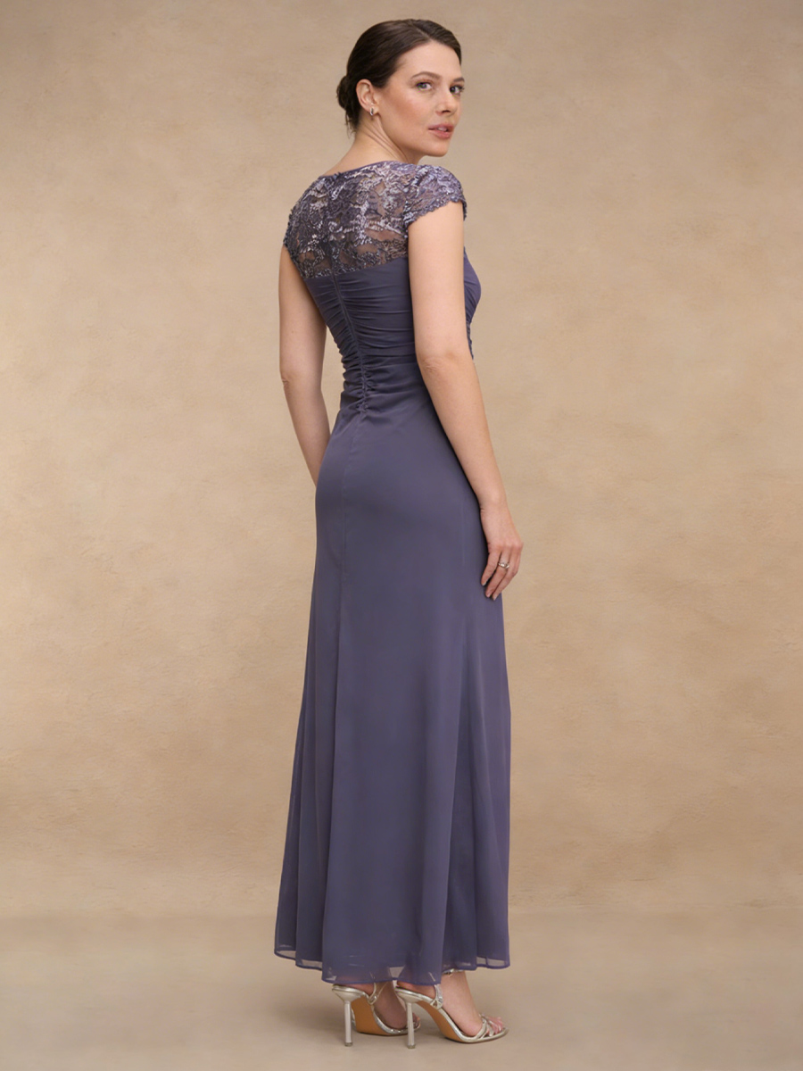 Sheath Crew Neck Lace & Chiffon Floor-Length Ruffle Formal Evening Gown