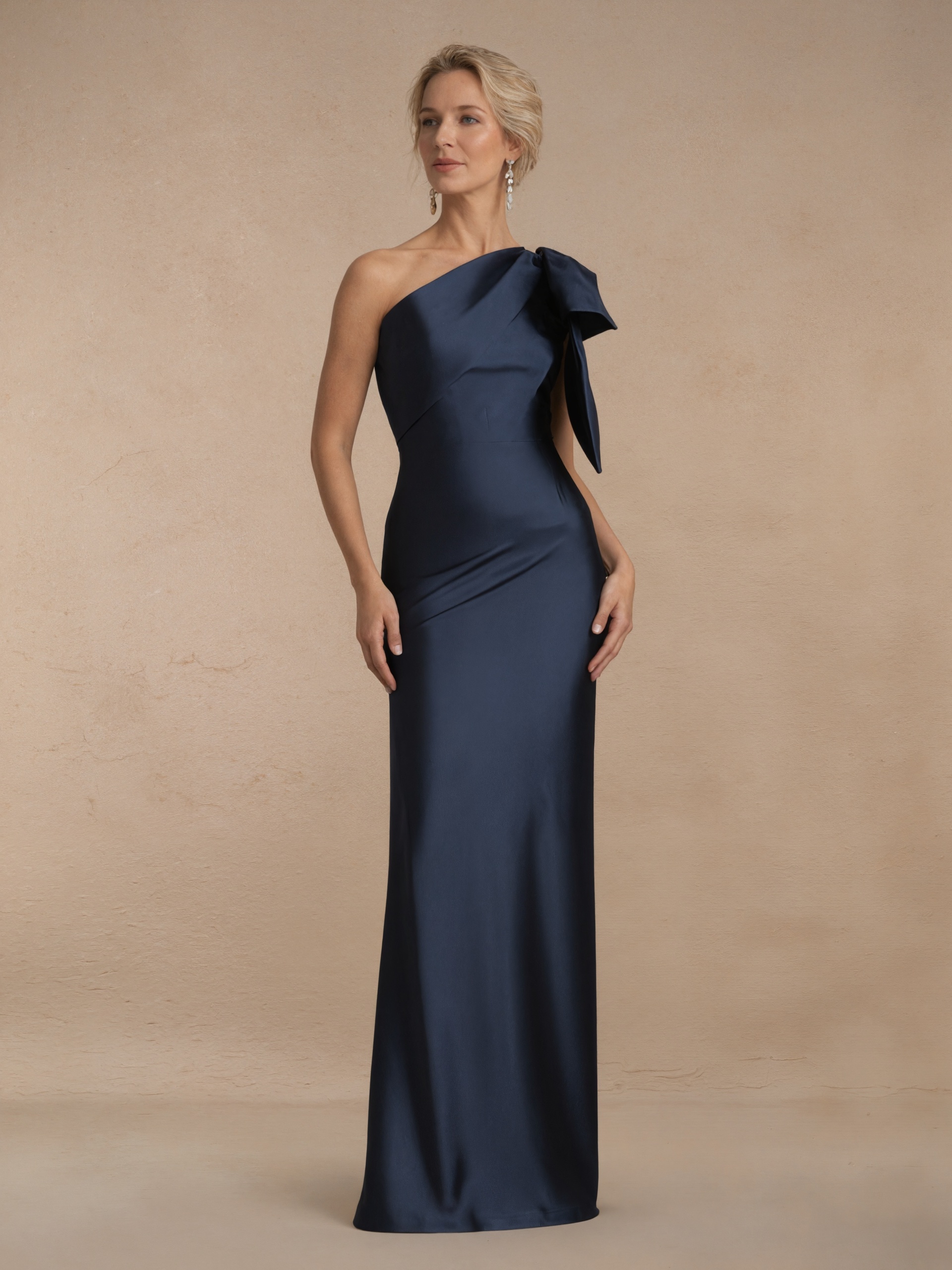Mermaid One-Shoulder Satin Floor-Length Bow Accent Formal Evening Gown