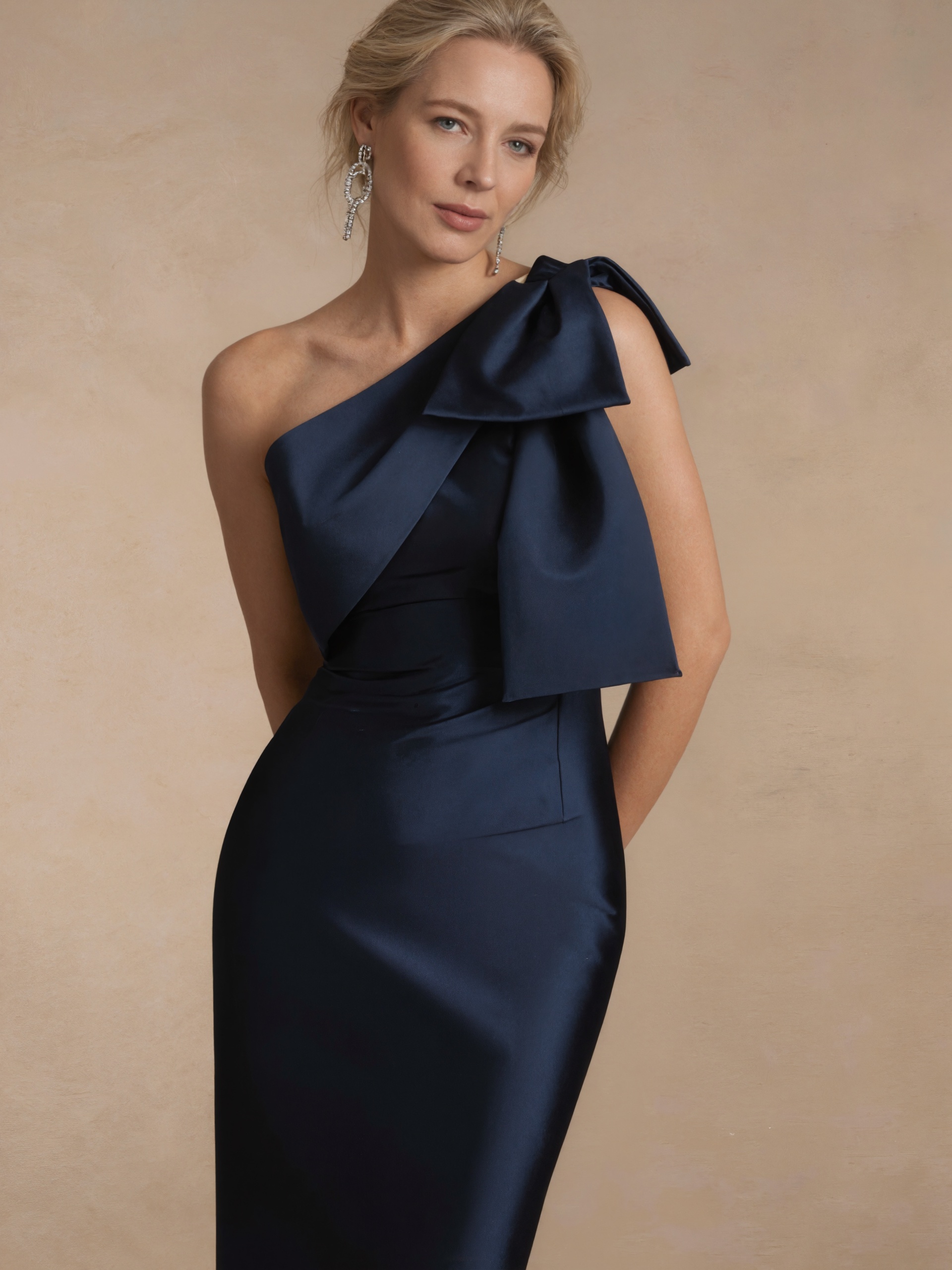 Mermaid One-Shoulder Satin Floor-Length Bow Accent Formal Evening Gown