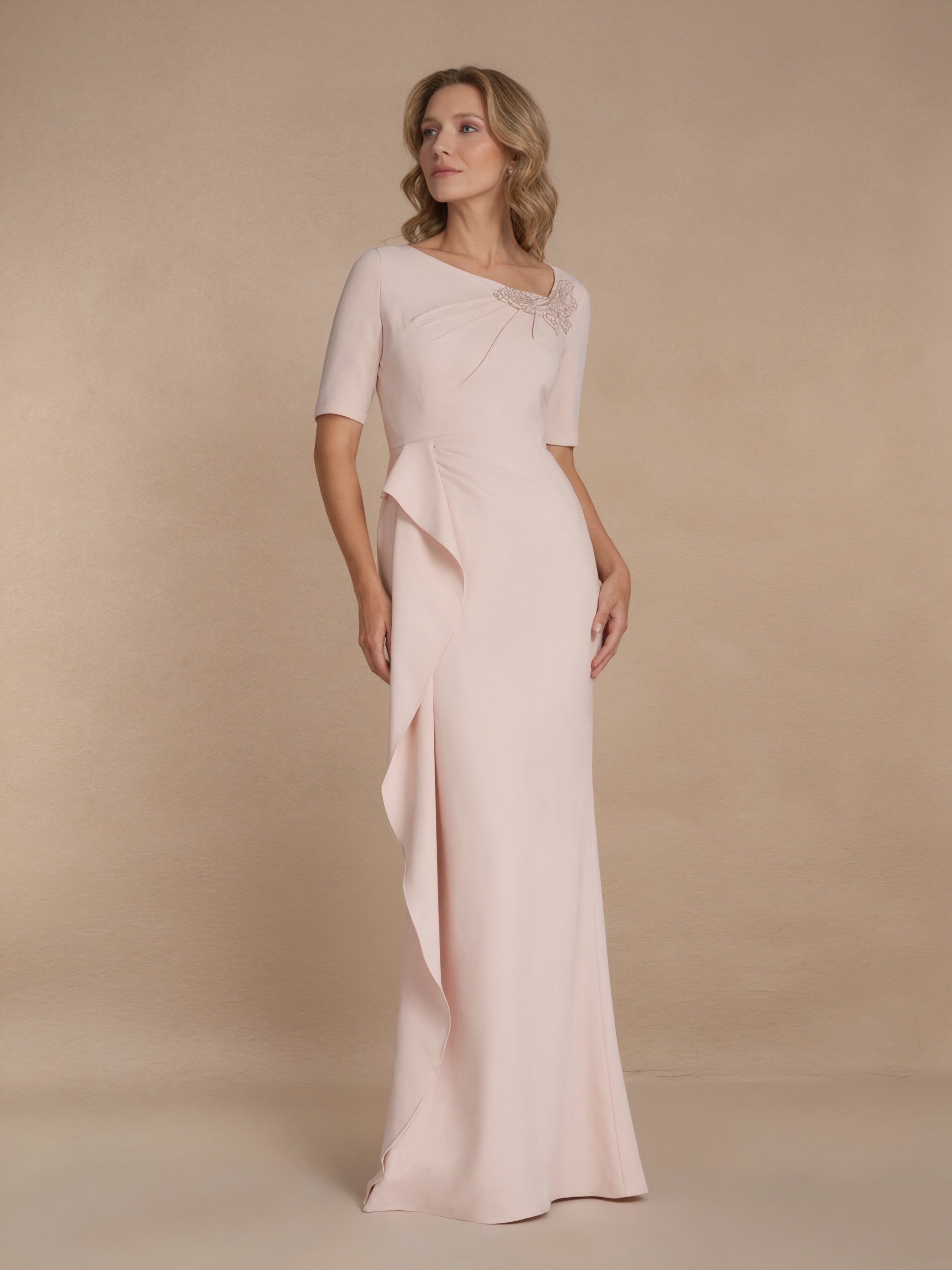 Sheath Crew Neck Satin Floor-Length Beaded Ruffle Formal Evening Gown