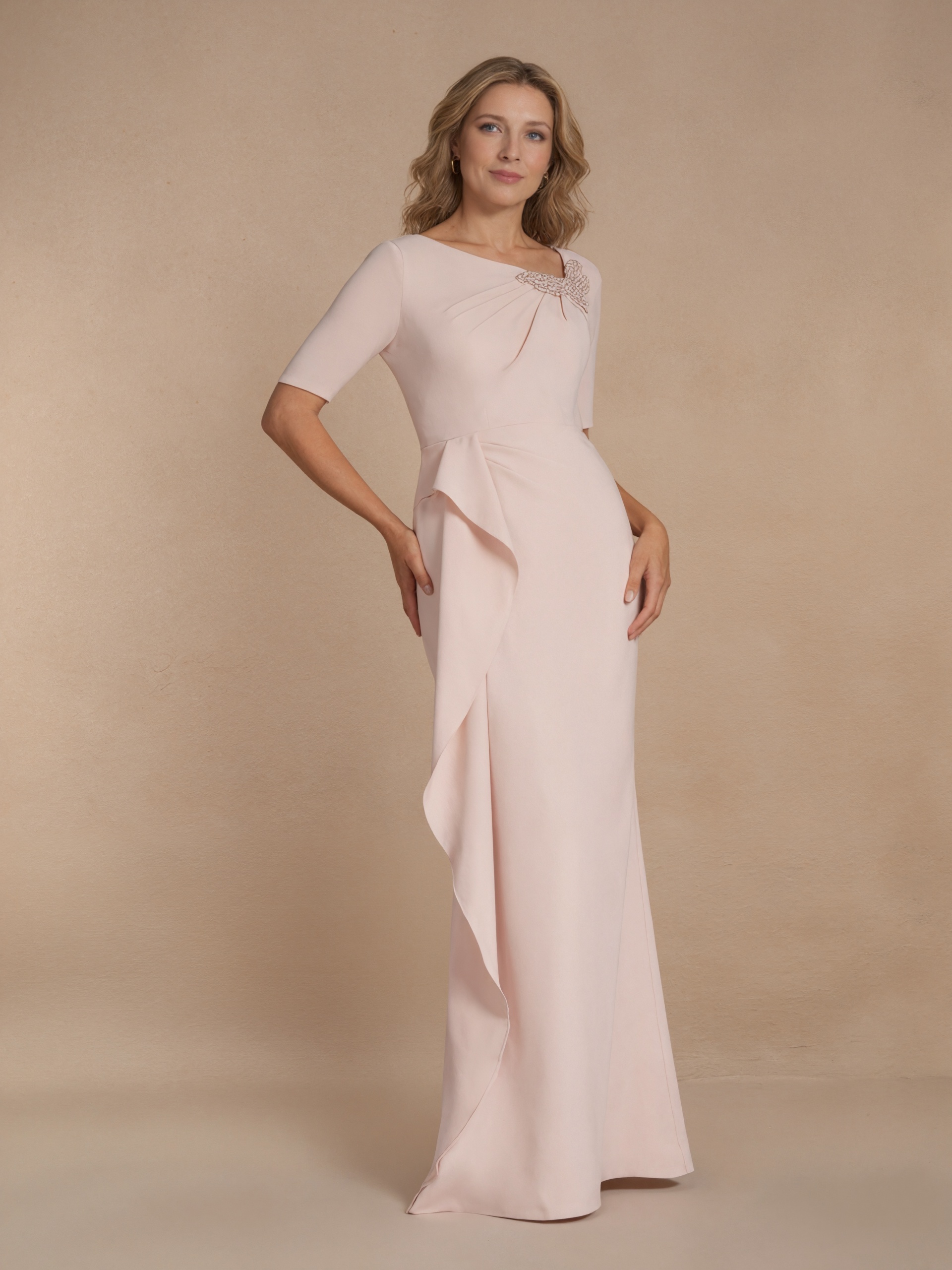 Sheath Crew Neck Satin Floor-Length Beaded Ruffle Formal Evening Gown