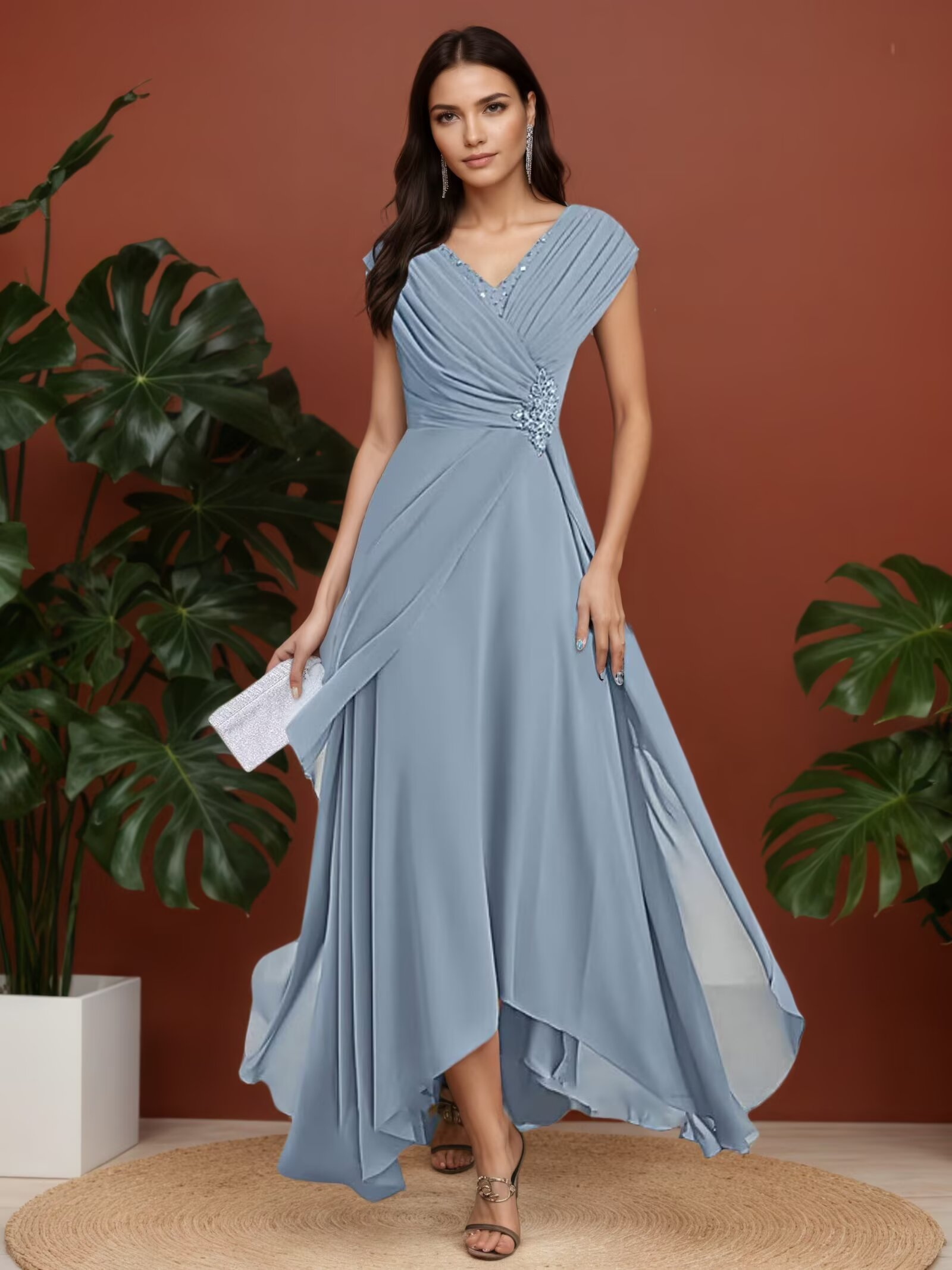 V-Neck Ruched Chiffon Asymmetrical Hem Formal Dress