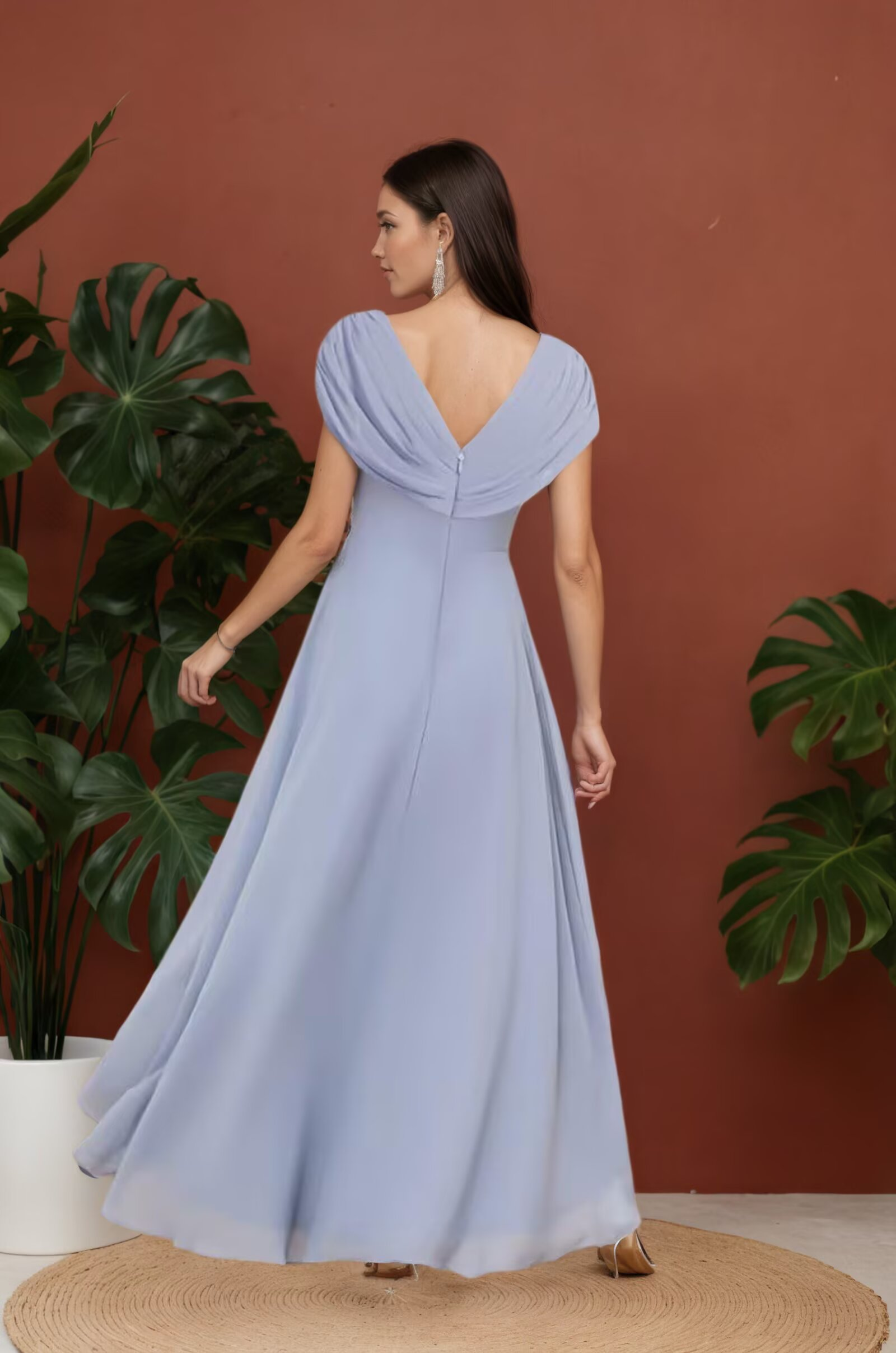 V-Neck Ruched Chiffon Asymmetrical Hem Formal Dress