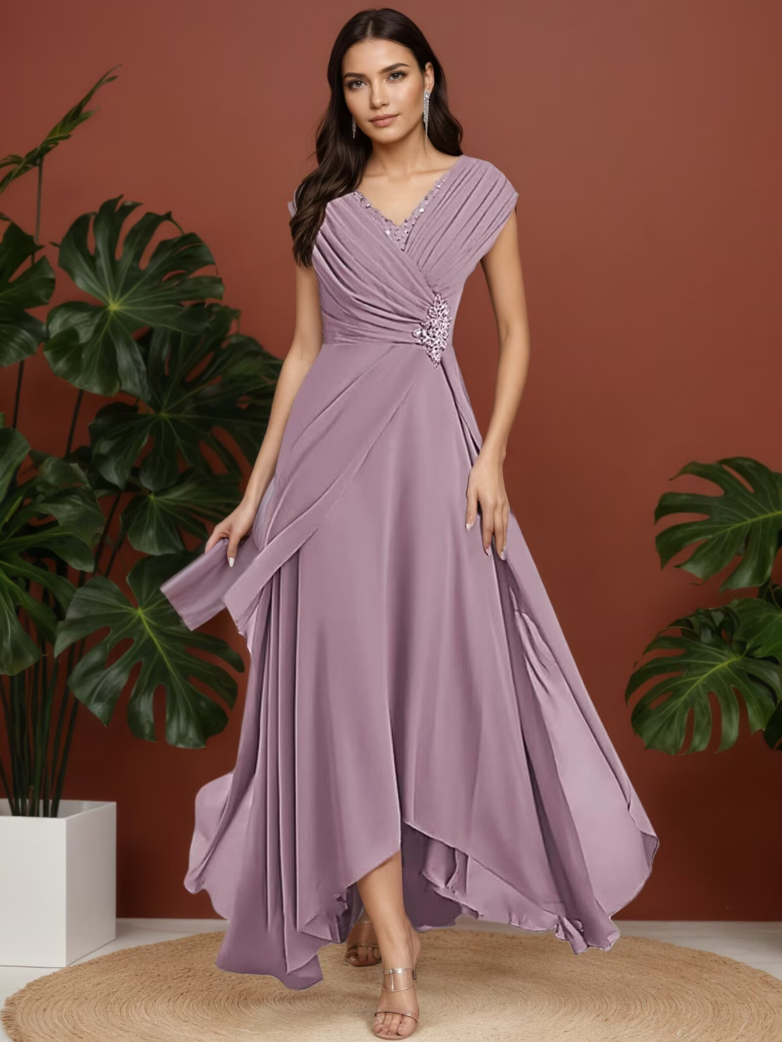 V-Neck Ruched Chiffon Asymmetrical Hem Formal Dress