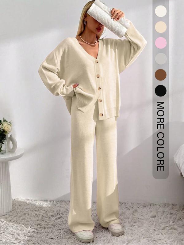 Women's Solid Button Front Drop Shoulder V Neck Cardigan & Elastic Waist Wide Leg Pants Two-piece Set, Matching Clothing Set, Casual Fashion Cozy Minimalist Knitwear Set for Daily Outdoor Wear, Women's Knitwear for Fall & Winter