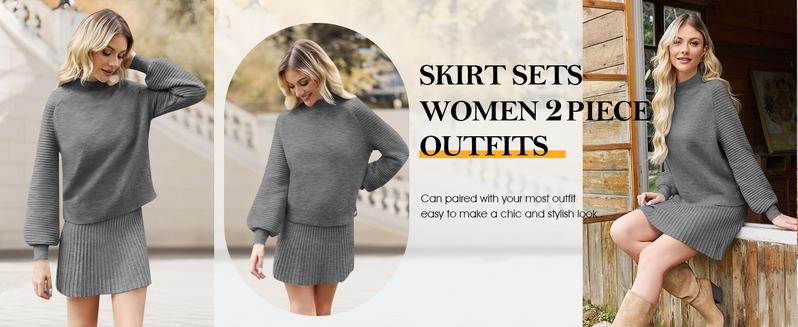 Imily Bela Women's 2 Piece Outfits 2026 Long Sleeve Mock Neck Ribbed Sweaters & Mini Skirt Set Soft Cozy Knitted Fabric Casual Everyday Wear Dress Womenswear