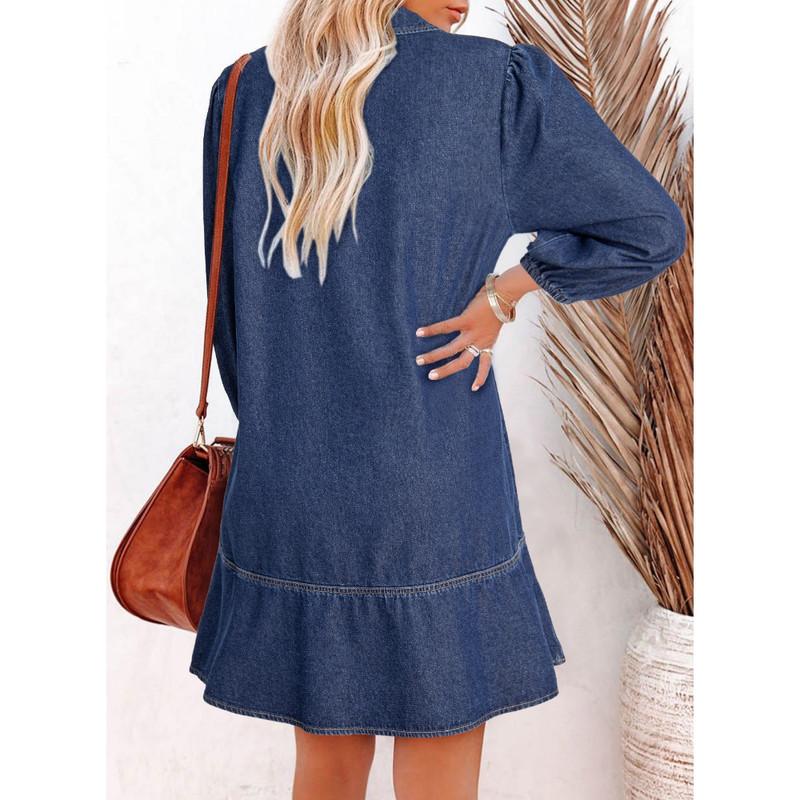 Dokotoo Denim Dress for Women Fashion Fall Casual Babydoll 2026 V Neck 3/4 Puff Sleeve Jean Dresses