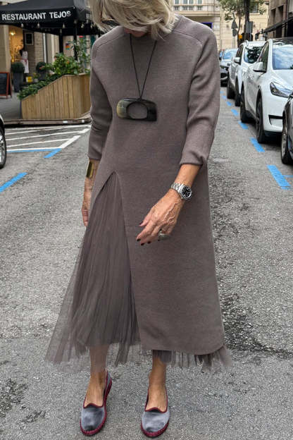 Jollie Knit Long Sleeve Front Slit Midi Sweater and Pleated Tulle Stretch Tank Midi Dress Two-piece
