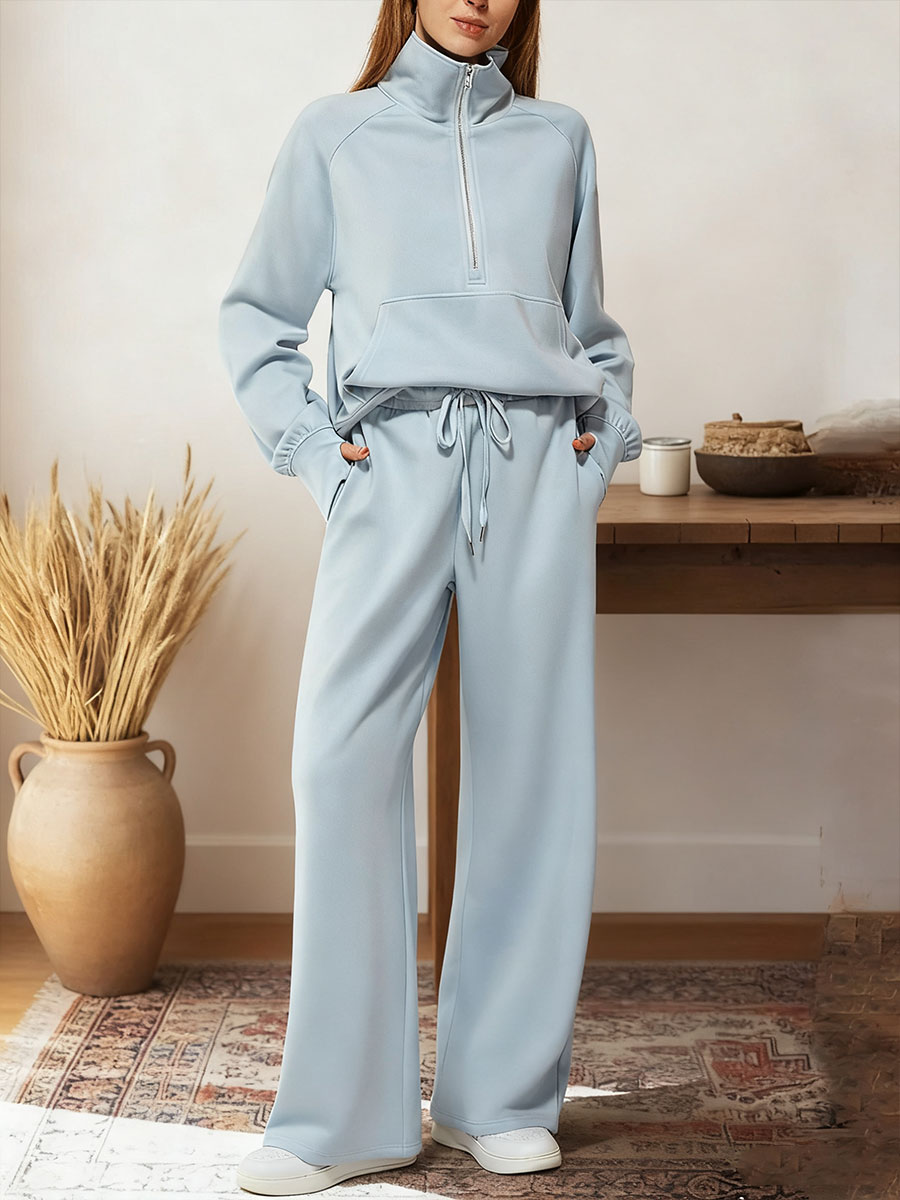 Women's Two-piece Set Half-zip Sweatshirt Wide-leg Pants Casual Suit.