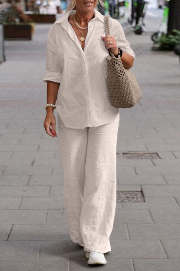 Solid Color Casual Long-sleeved Shirt and Elastic Waisted Loose Wide-l
