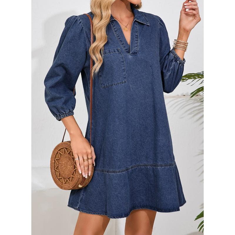 Dokotoo Denim Dress for Women Fashion Fall Casual Babydoll 2026 V Neck 3/4 Puff Sleeve Jean Dresses
