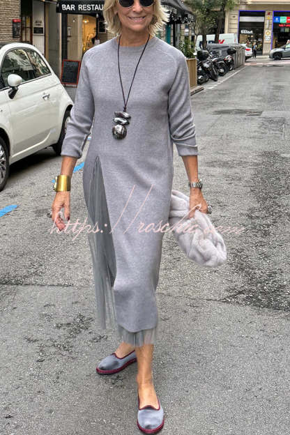 Jollie Knit Long Sleeve Front Slit Midi Sweater and Pleated Tulle Stretch Tank Midi Dress Two-piece