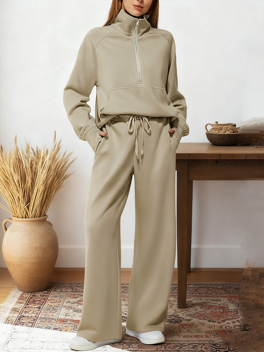 Women's Two-piece Set Half-zip Sweatshirt Wide-leg Pants Casual Suit.