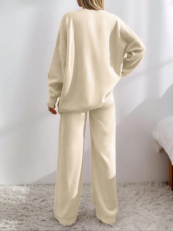 Women's Solid Button Front Drop Shoulder V Neck Cardigan & Elastic Waist Wide Leg Pants Two-piece Set, Matching Clothing Set, Casual Fashion Cozy Minimalist Knitwear Set for Daily Outdoor Wear, Women's Knitwear for Fall & Winter