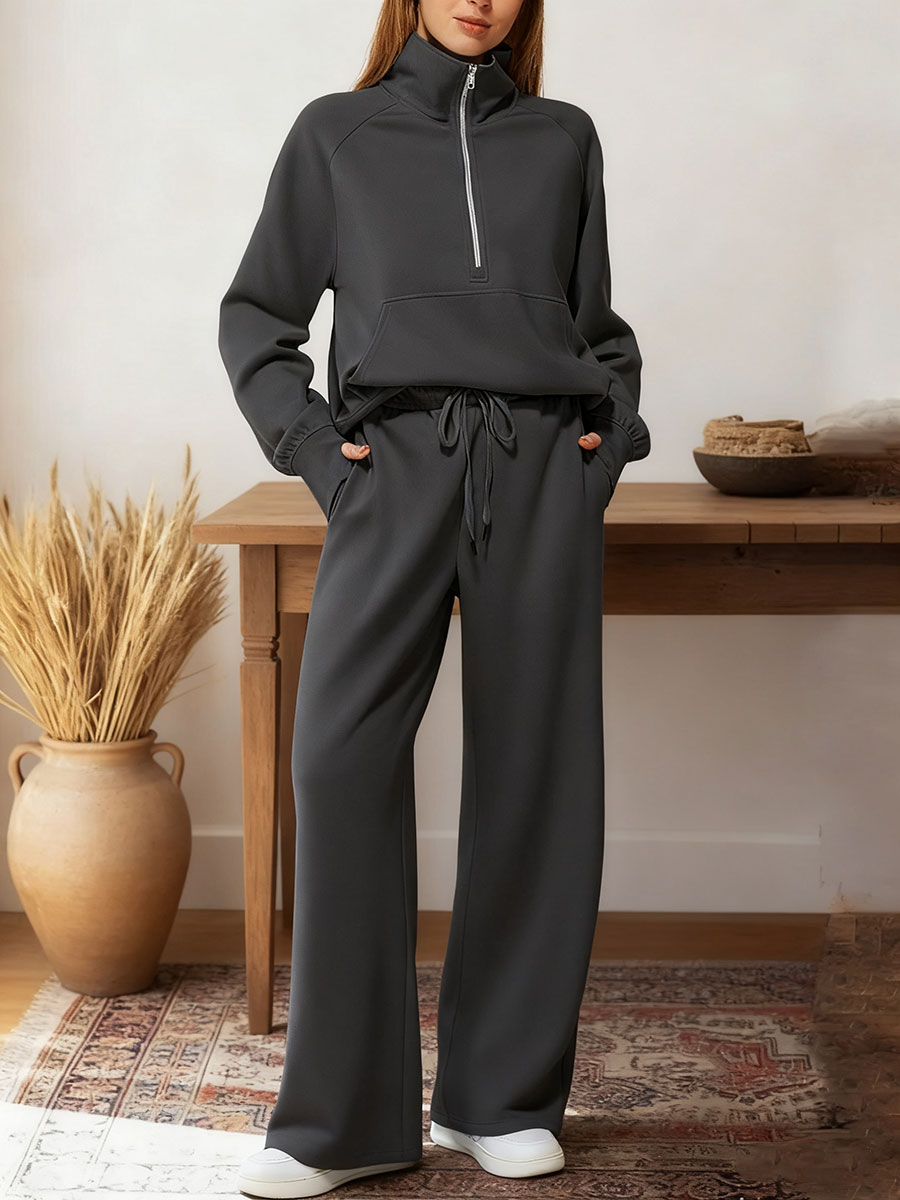 Women's Two-piece Set Half-zip Sweatshirt Wide-leg Pants Casual Suit.