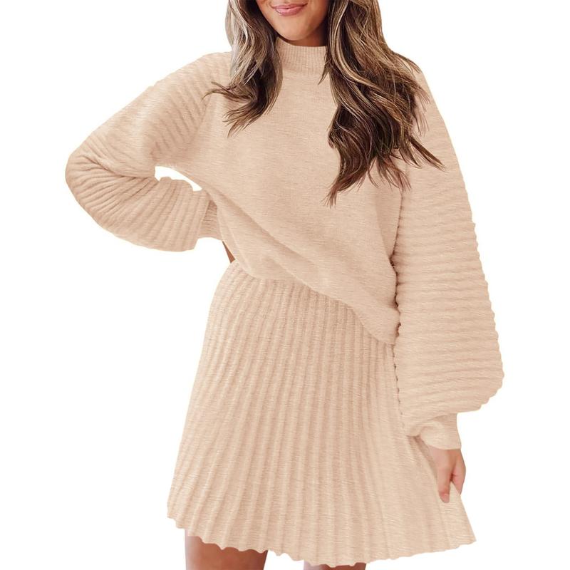 Imily Bela Women's 2 Piece Outfits 2026 Long Sleeve Mock Neck Ribbed Sweaters & Mini Skirt Set Soft Cozy Knitted Fabric Casual Everyday Wear Dress Womenswear