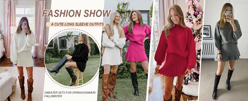 Imily Bela Women's 2 Piece Outfits 2026 Long Sleeve Mock Neck Ribbed Sweaters & Mini Skirt Set Soft Cozy Knitted Fabric Casual Everyday Wear Dress Womenswear