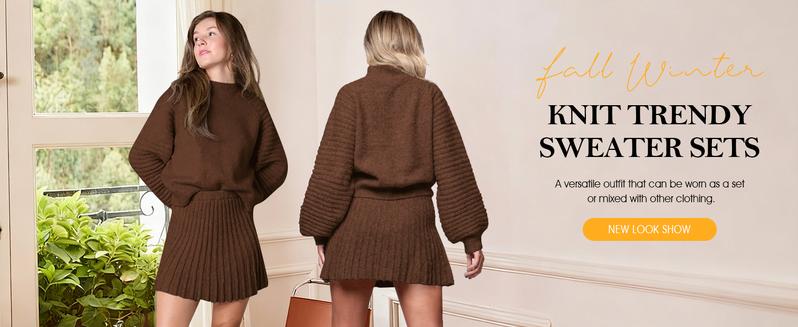 Imily Bela Women's 2 Piece Outfits 2026 Long Sleeve Mock Neck Ribbed Sweaters & Mini Skirt Set Soft Cozy Knitted Fabric Casual Everyday Wear Dress Womenswear