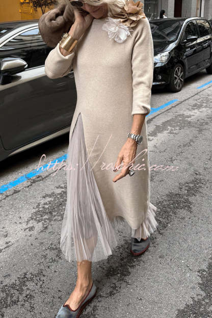 Jollie Knit Long Sleeve Front Slit Midi Sweater and Pleated Tulle Stretch Tank Midi Dress Two-piece