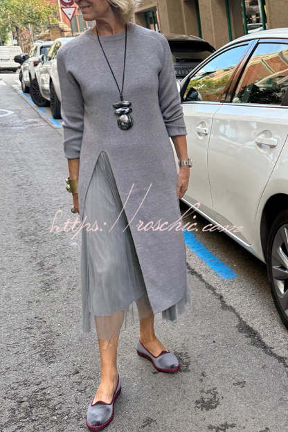 Jollie Knit Long Sleeve Front Slit Midi Sweater and Pleated Tulle Stretch Tank Midi Dress Two-piece