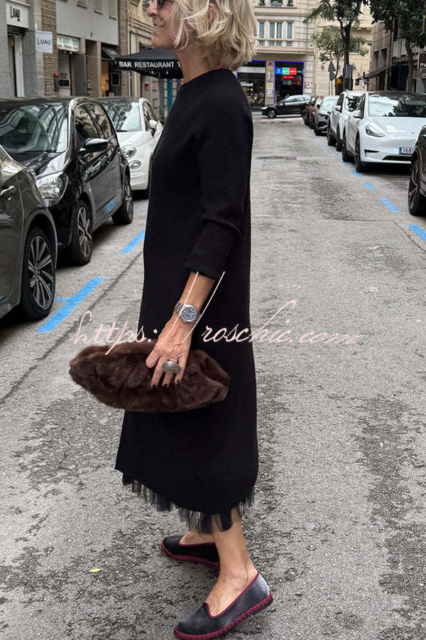 Jollie Knit Long Sleeve Front Slit Midi Sweater and Pleated Tulle Stretch Tank Midi Dress Two-piece