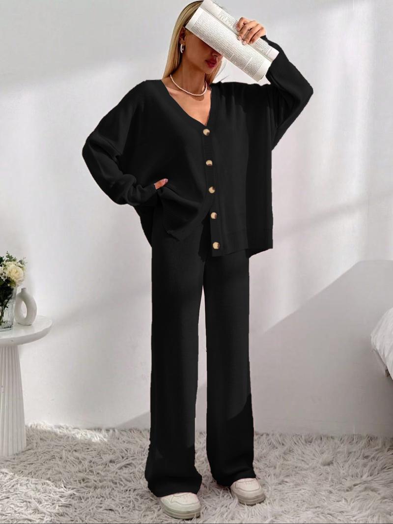 Women's Solid Button Front Drop Shoulder V Neck Cardigan & Elastic Waist Wide Leg Pants Two-piece Set, Matching Clothing Set, Casual Fashion Cozy Minimalist Knitwear Set for Daily Outdoor Wear, Women's Knitwear for Fall & Winter Women's Solid Button Front Drop Shoulder V Neck Cardigan & Elastic Waist Wide Leg Pants Two-piece Set, Matching Clothing Set, Casual Fashion Cozy Minimalist Knitwear Set for Daily Outdoor Wear, Women's Knitwear for Fall & Winter
